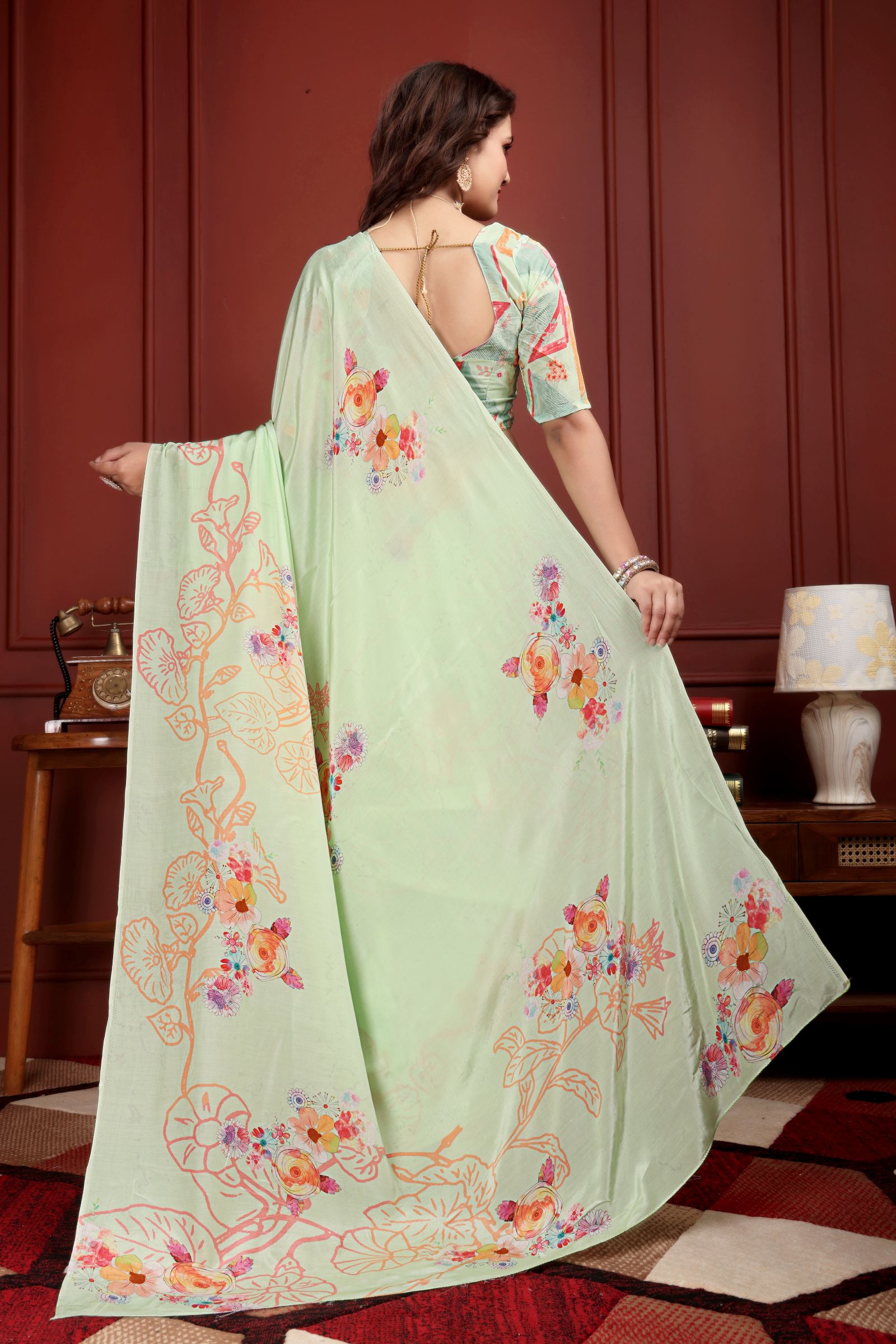 Kumudini — Pista Green Liva Floral Artistic Saree