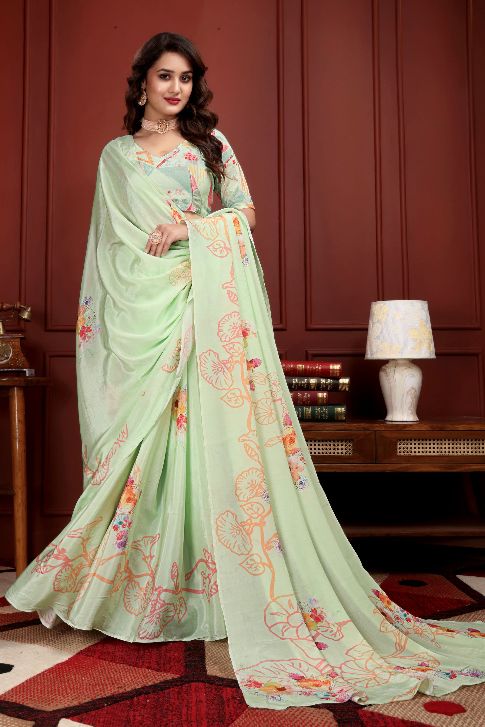 Kumudini — Pista Green Liva Floral Artistic Saree