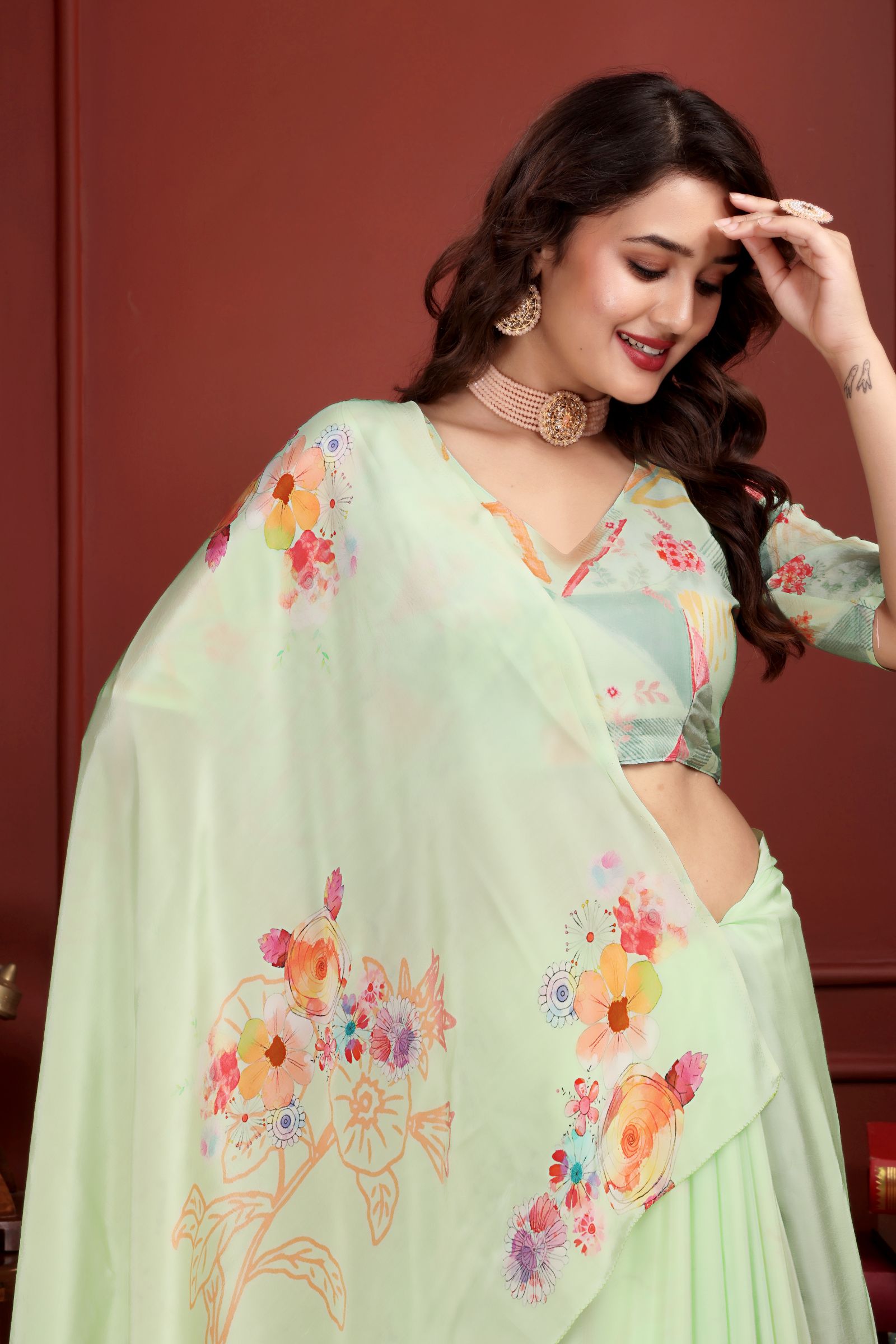 Kumudini — Pista Green Liva Floral Artistic Saree