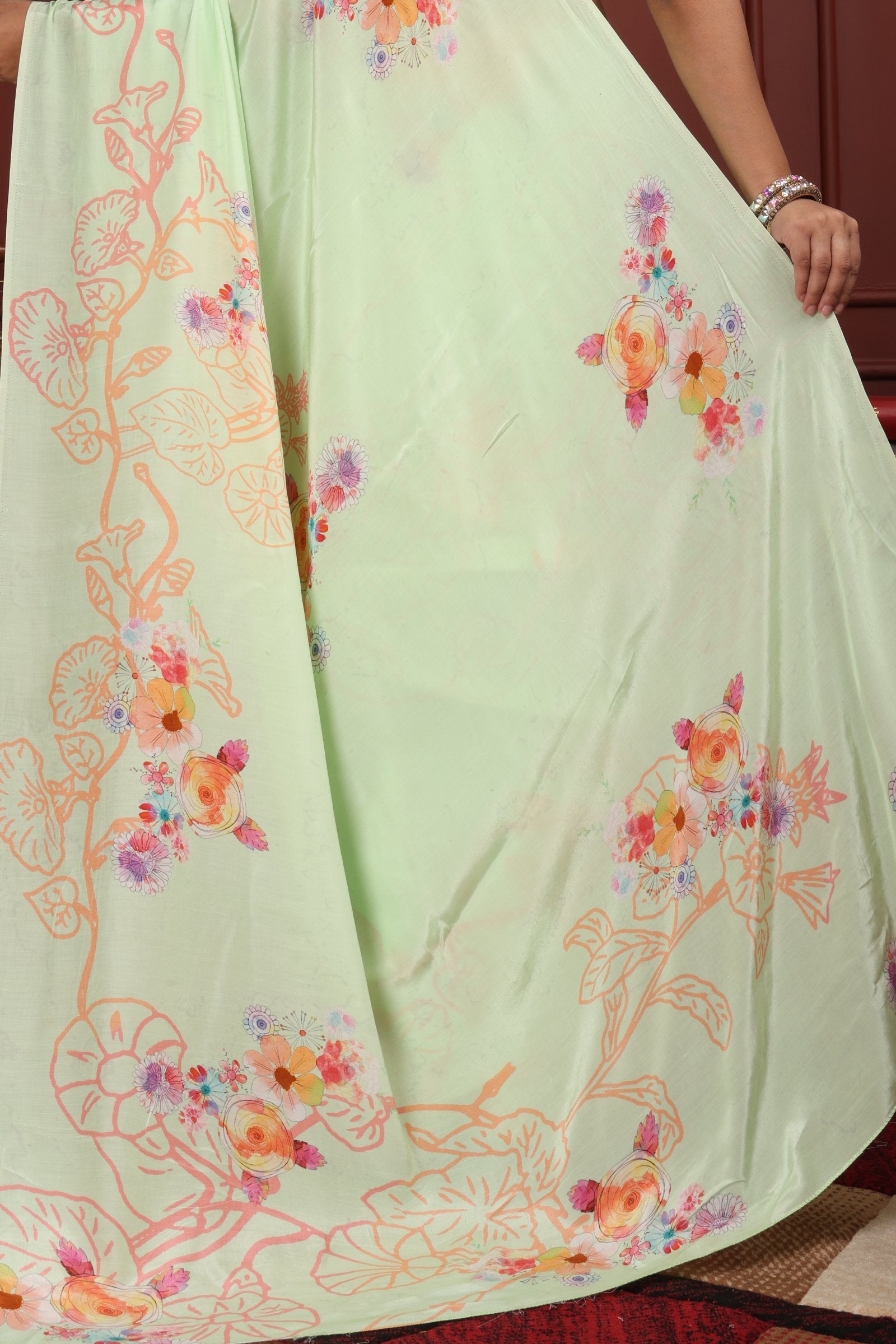 Kumudini — Pista Green Liva Floral Artistic Saree