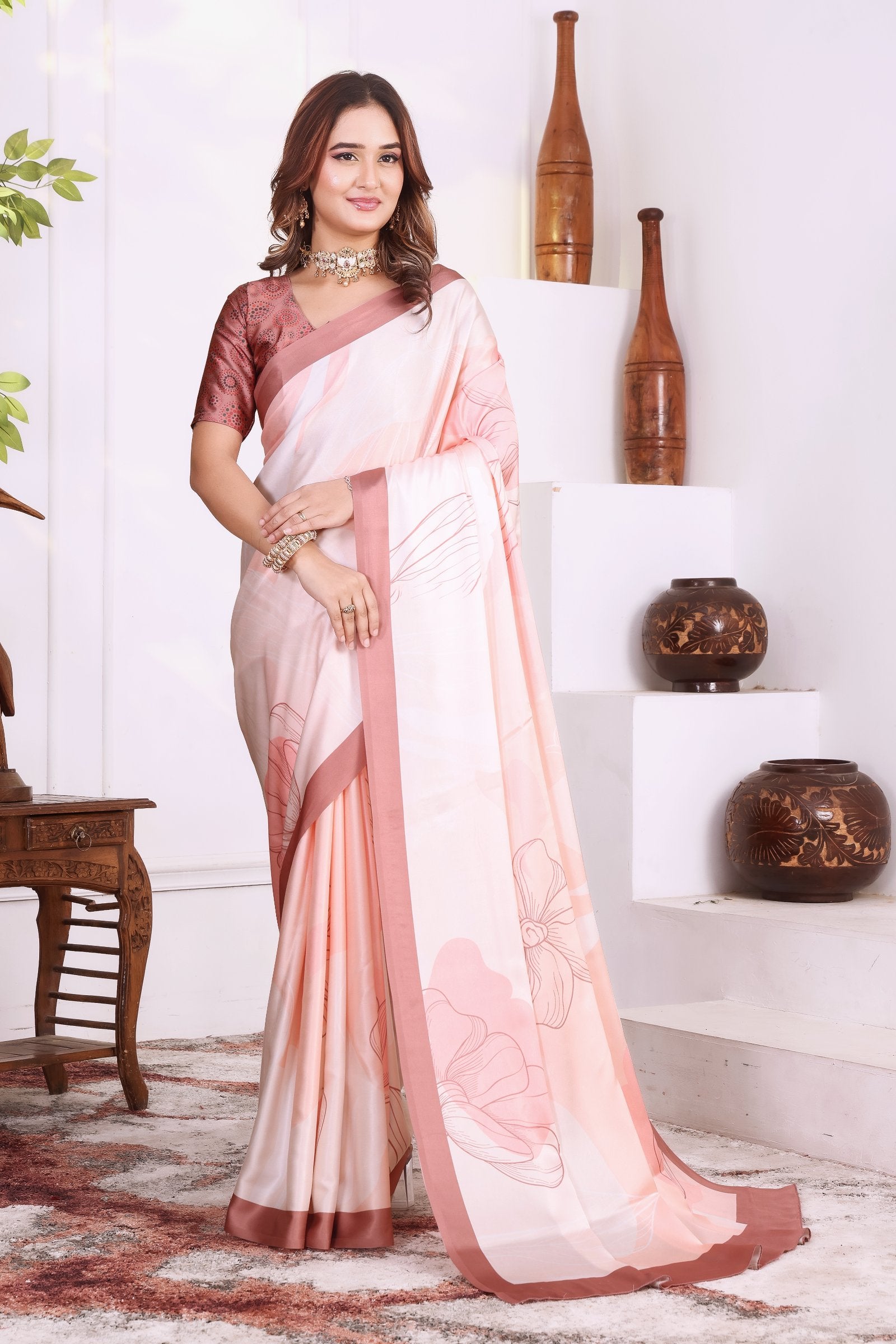 Prerika — Florat Peach Japan Satin Printed Saree