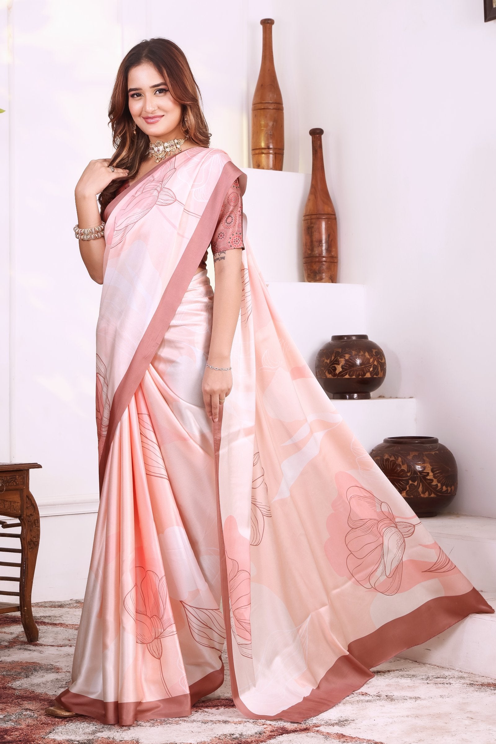 Prerika — Florat Peach Japan Satin Printed Saree