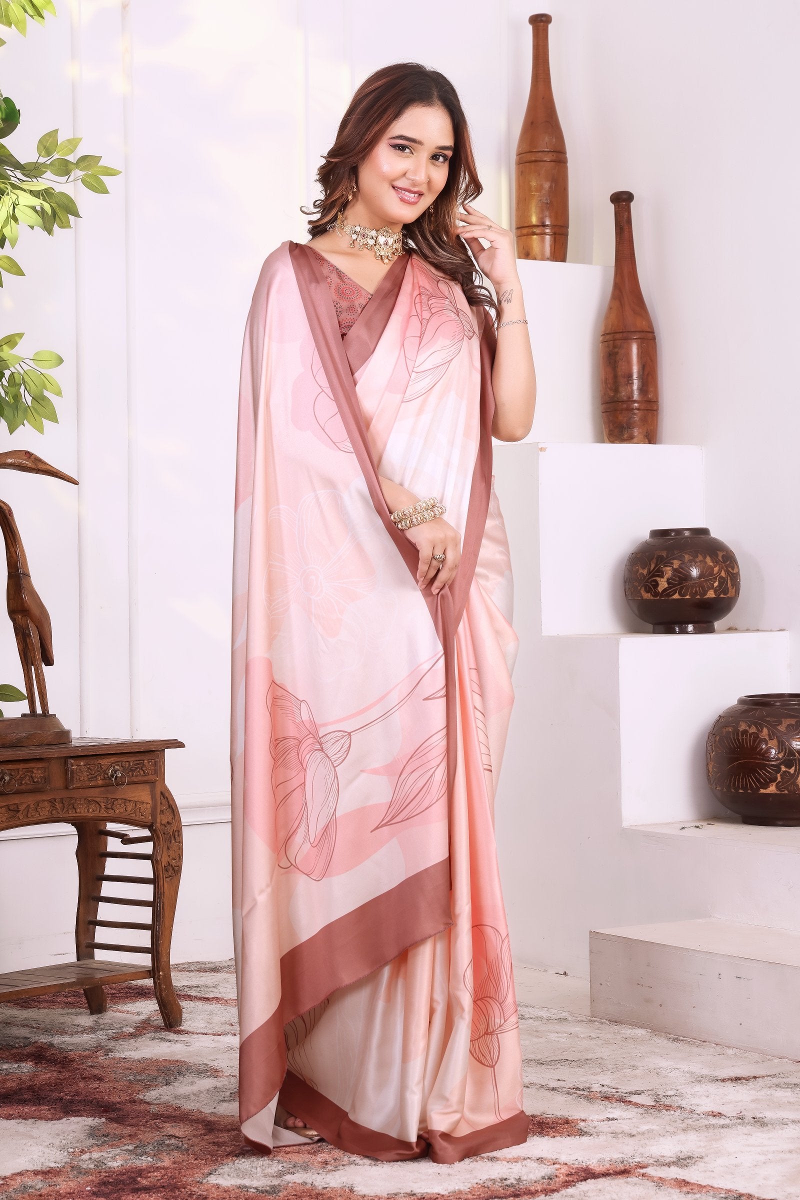 Prerika — Florat Peach Japan Satin Printed Saree