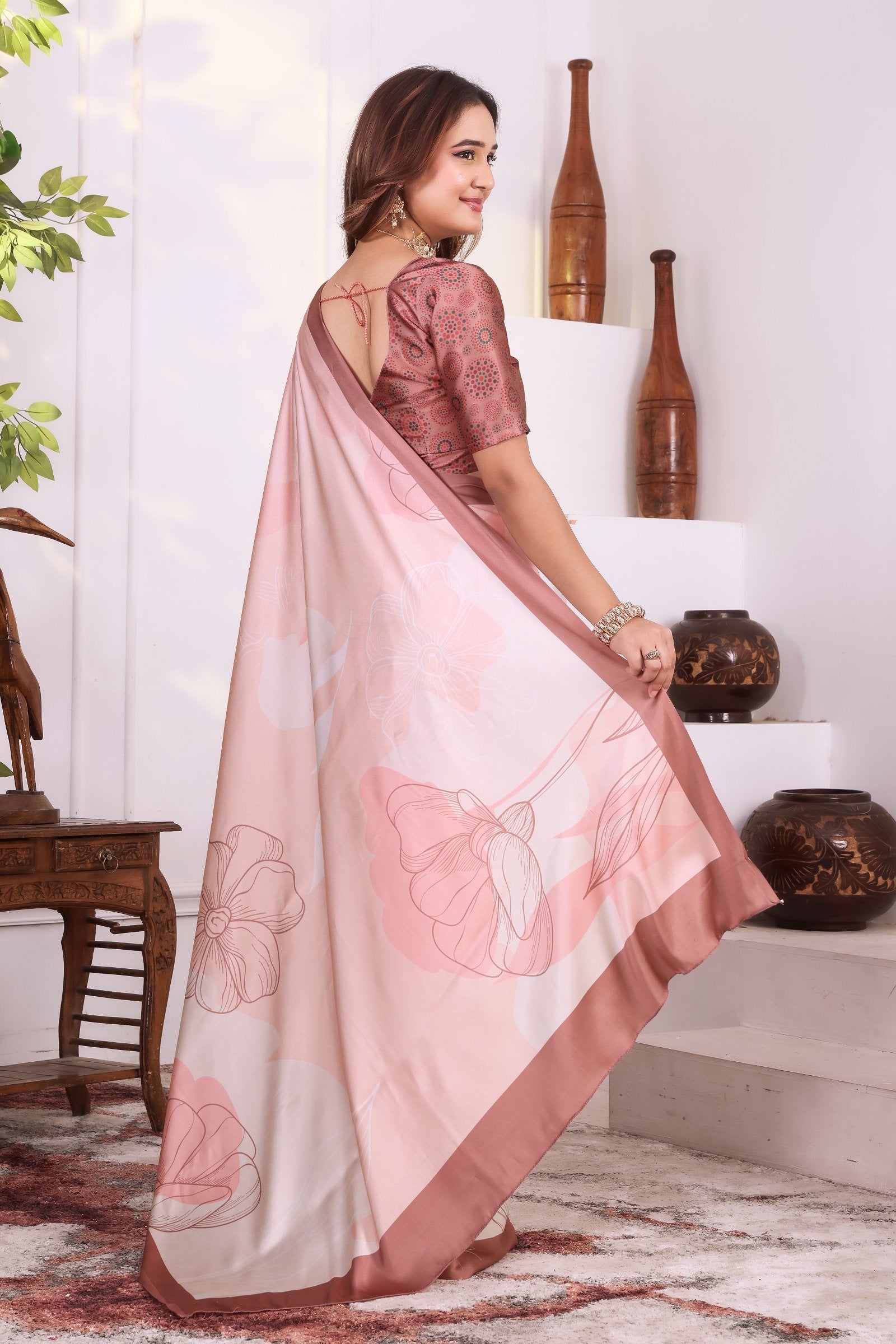 Prerika — Florat Peach Japan Satin Printed Saree