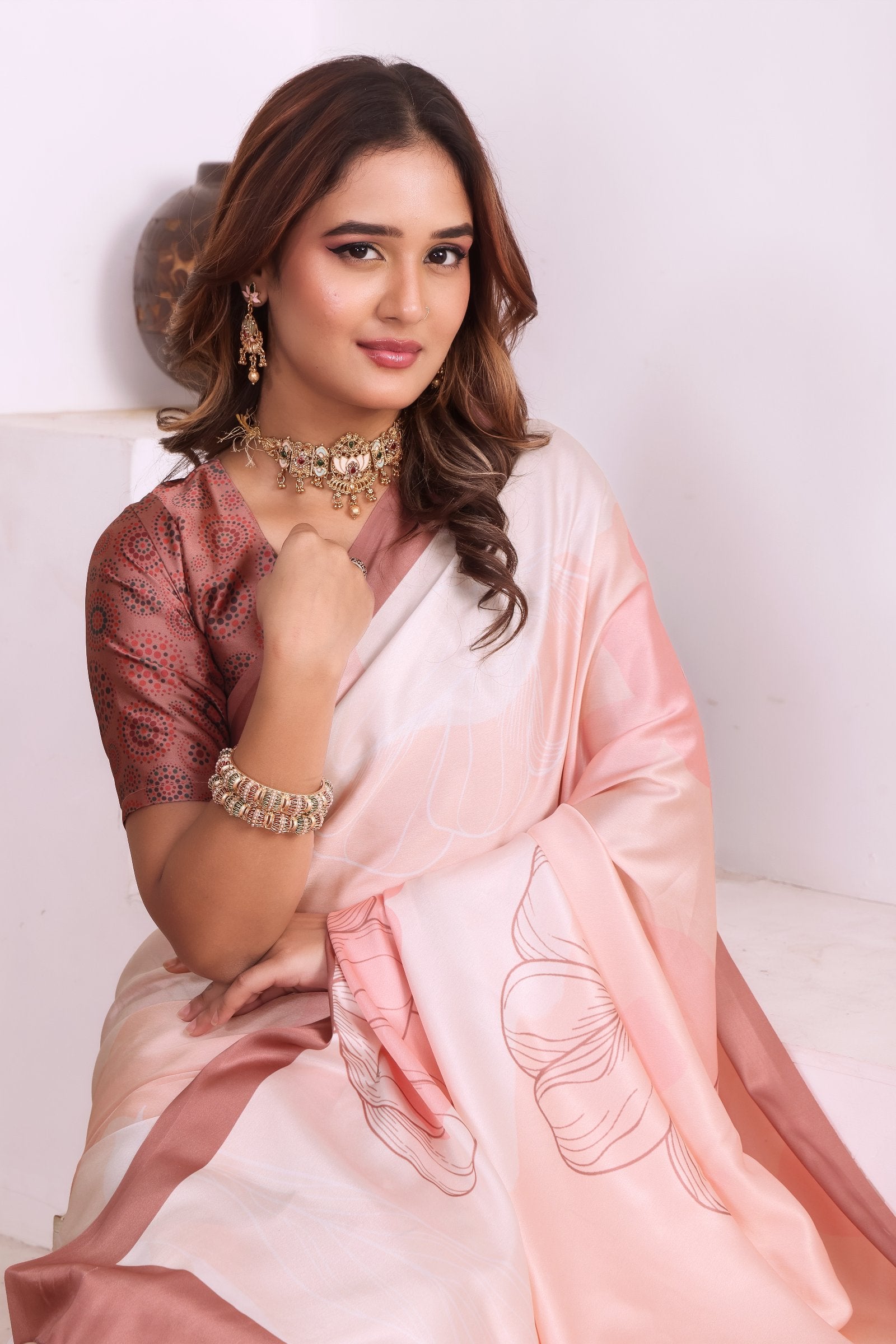 Prerika — Florat Peach Japan Satin Printed Saree