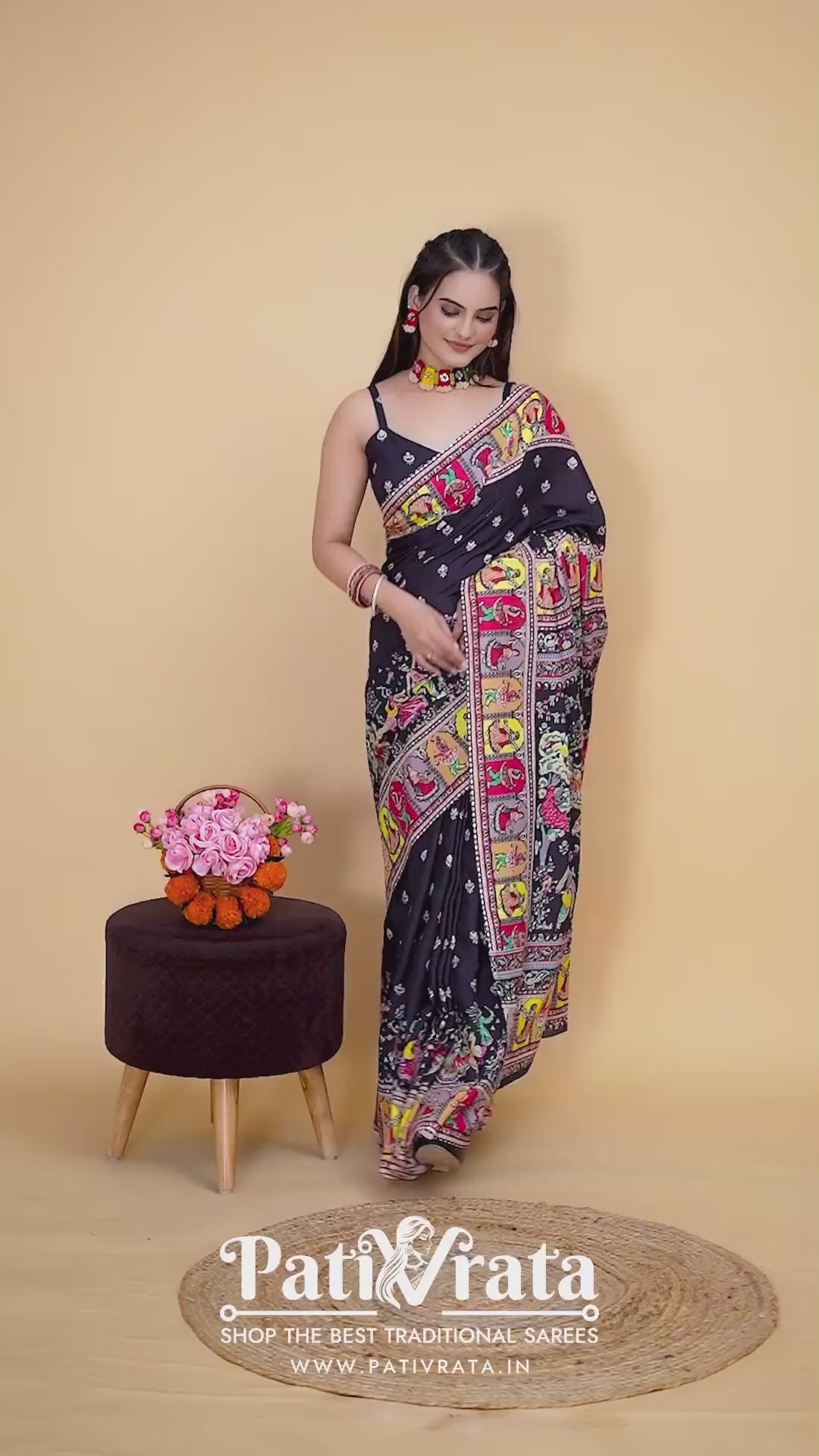 Utsavi — Vibrant Folk Art Black Japan Satin Printed Saree