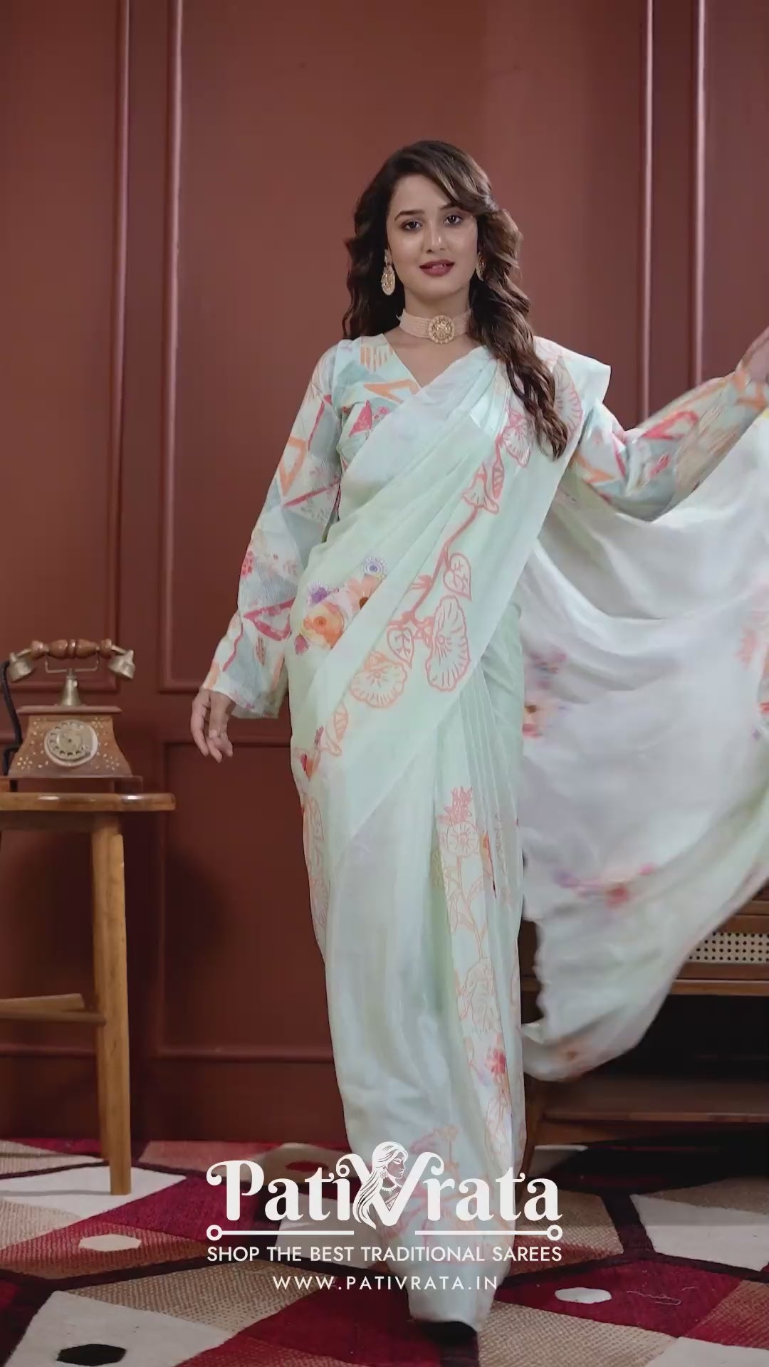 Kavyaa — Mint Green Liva Floral Artistic Saree