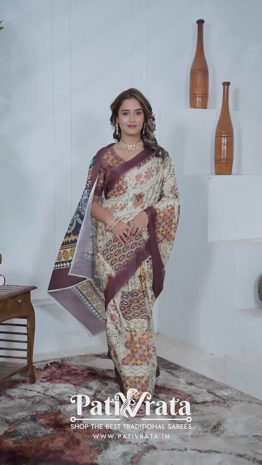Kapila — Boho Style Cream and Brown Cotton Linen Saree