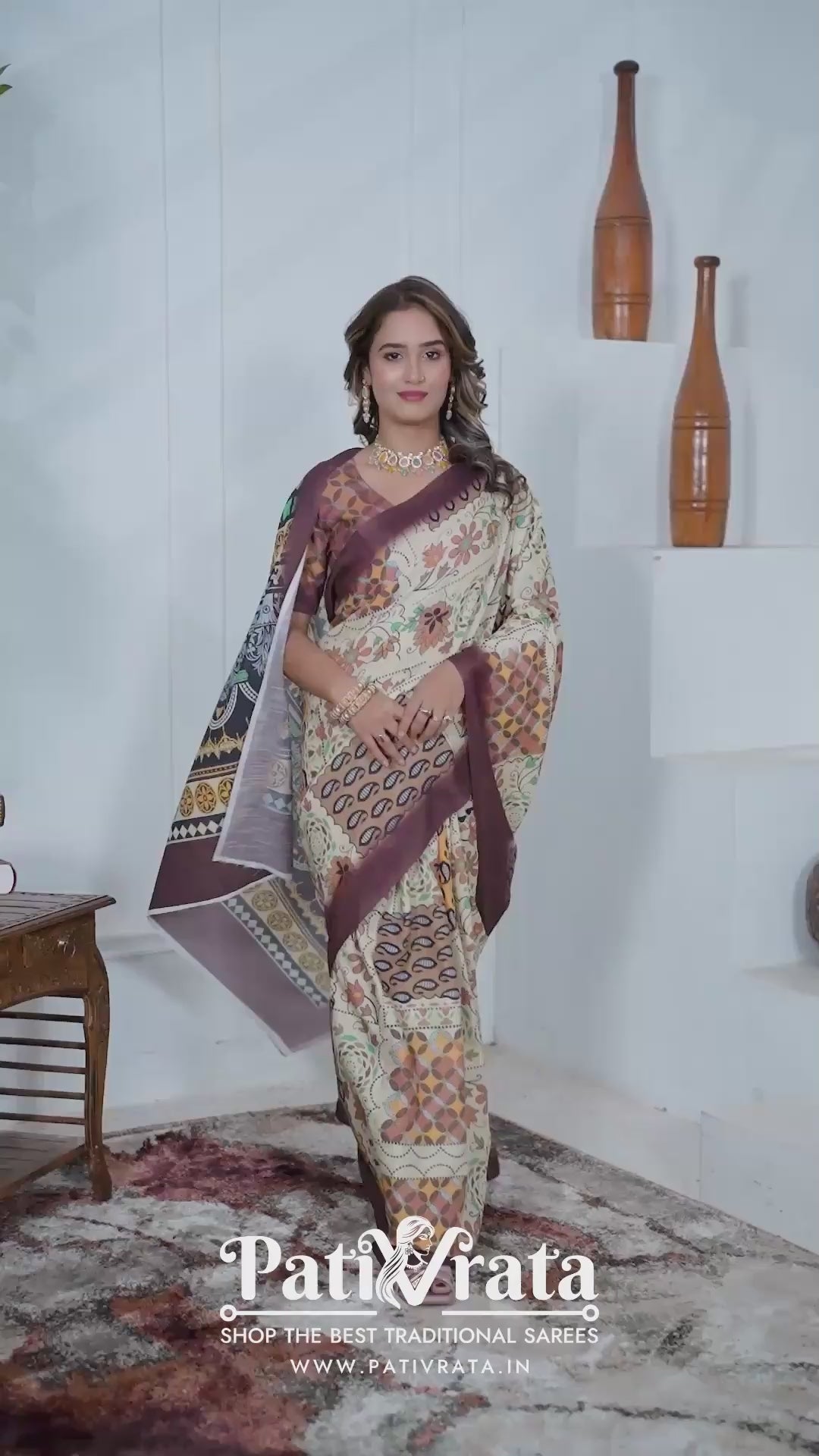 Kapila — Boho Style Cream and Brown Cotton Linen Saree