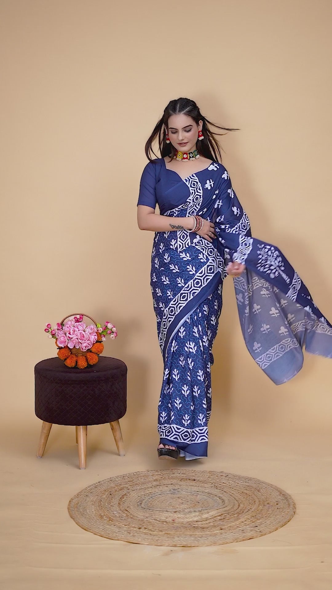 Navy Blue Cotton Linen Saree with Tree Motif