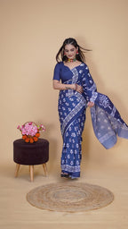 Akriti — Soft Indigo White Tree Motif Cotton Saree