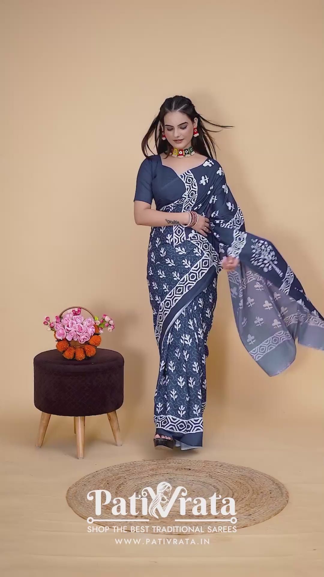 Akriti — Soft Indigo White Tree Motif Cotton Saree