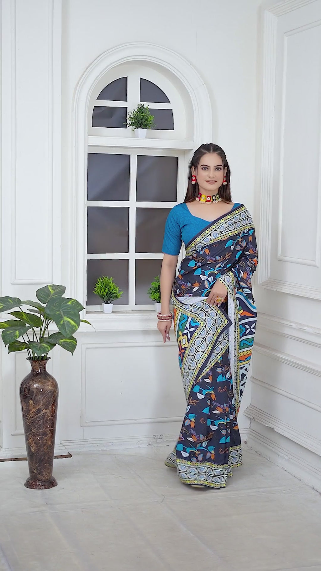 Rangini — Bright Cultural Motif Dark Blue Saree