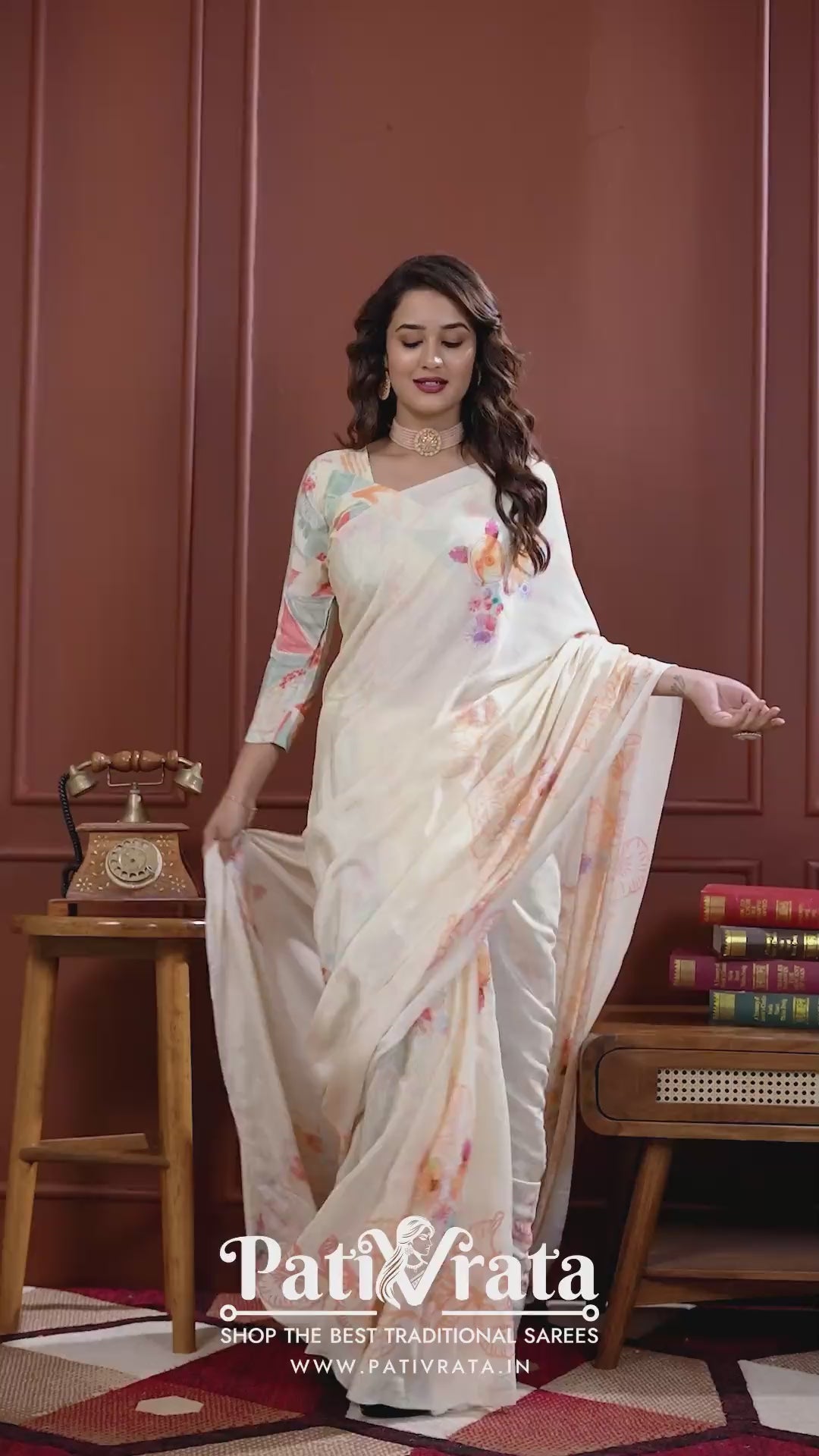 Kumariika — Calming Cream Liva Floral Artistic Saree