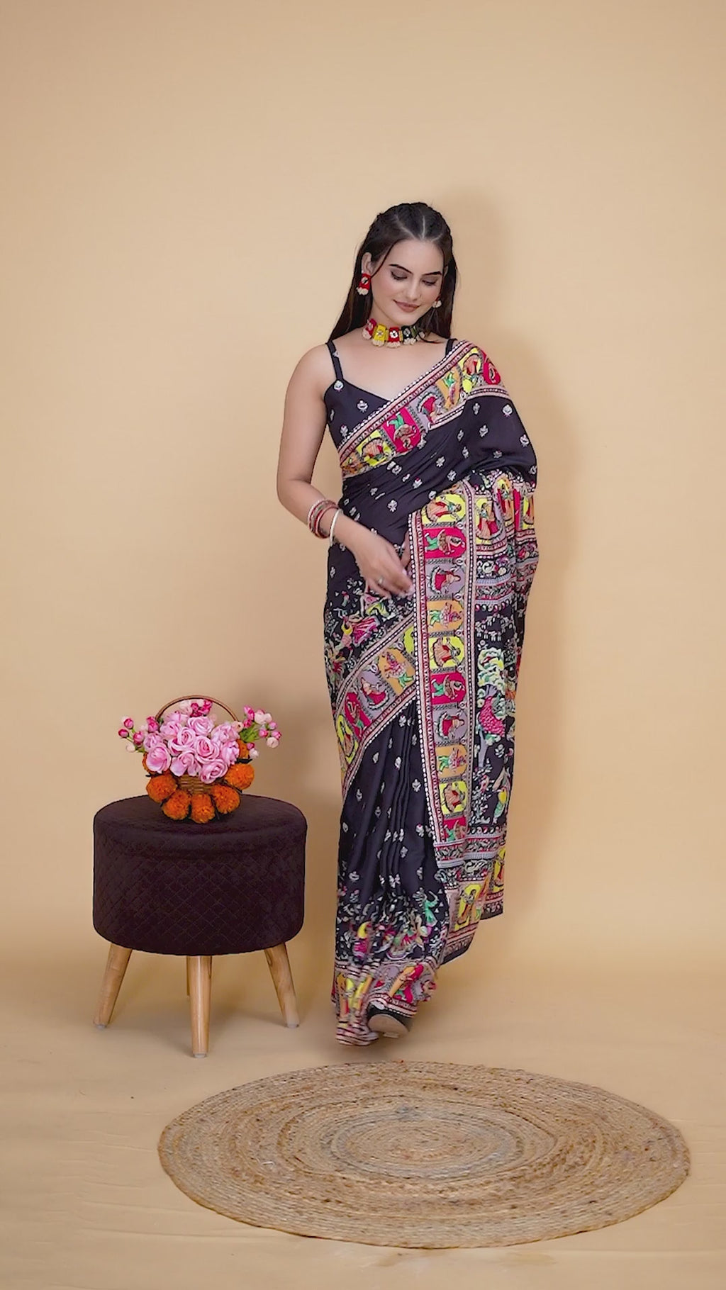 Utsavi — Vibrant Folk Art Black Silk Saree