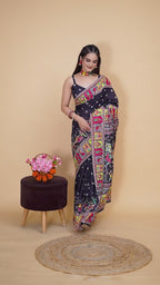 Utsavi — Vibrant Folk Art Black Silk Saree