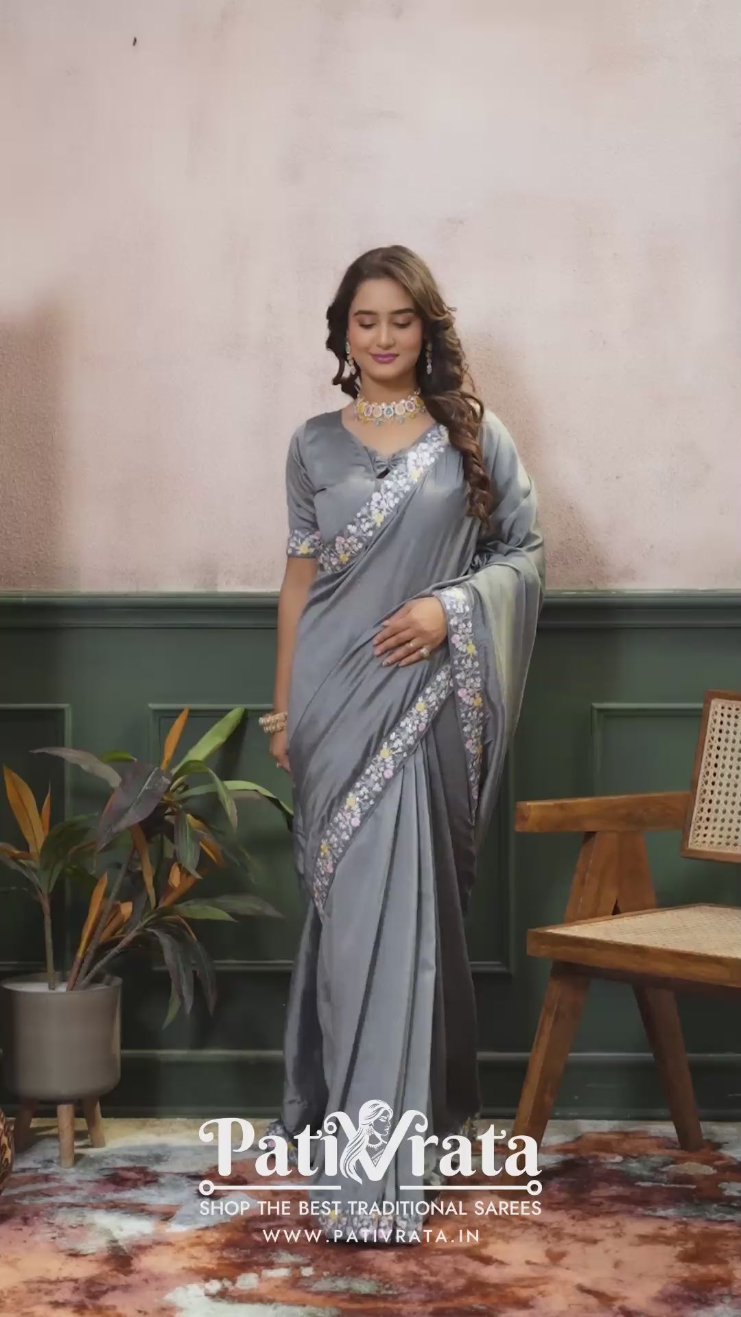 Niravi — Grey Embroidered Vichitra Silk Saree