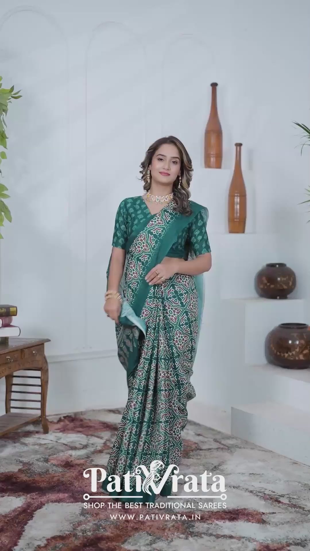 Aranya — Emerald Green Ajrakh Print Cotton Linen Saree