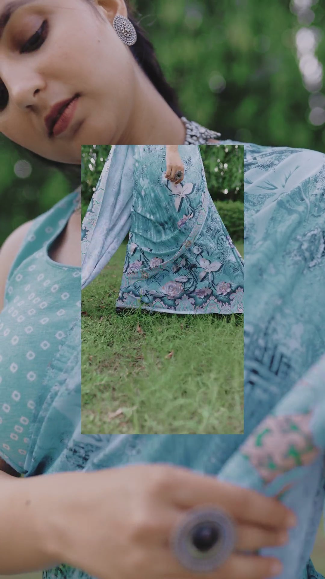 Elegant Floral Print Saree in Aqua Blue