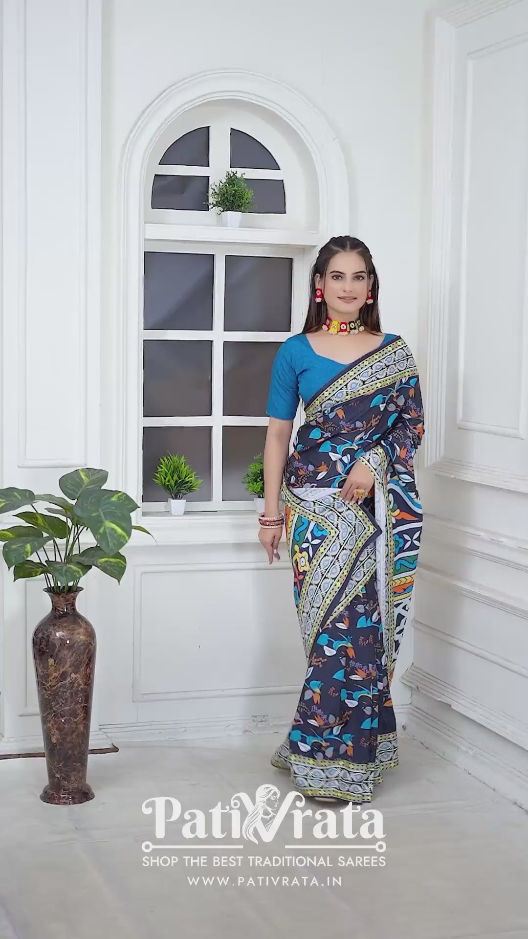 Rangini — Bright Japan Satin Cultural Motif Dark Blue Saree