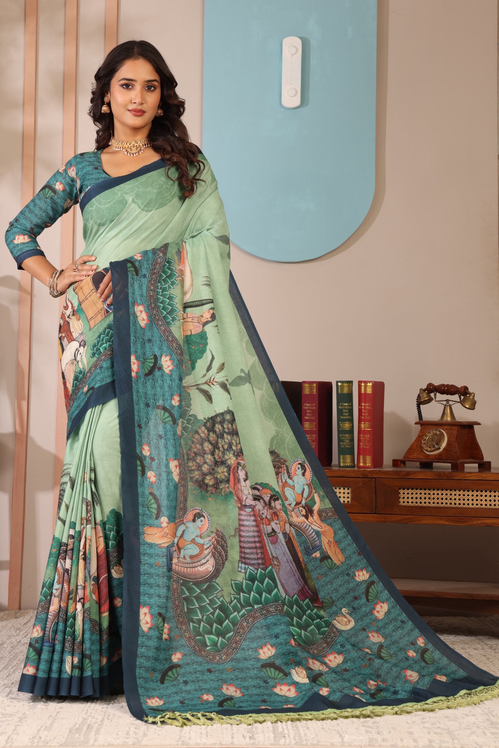 Radhika — Krishna Leela on Mull Cotton Saree