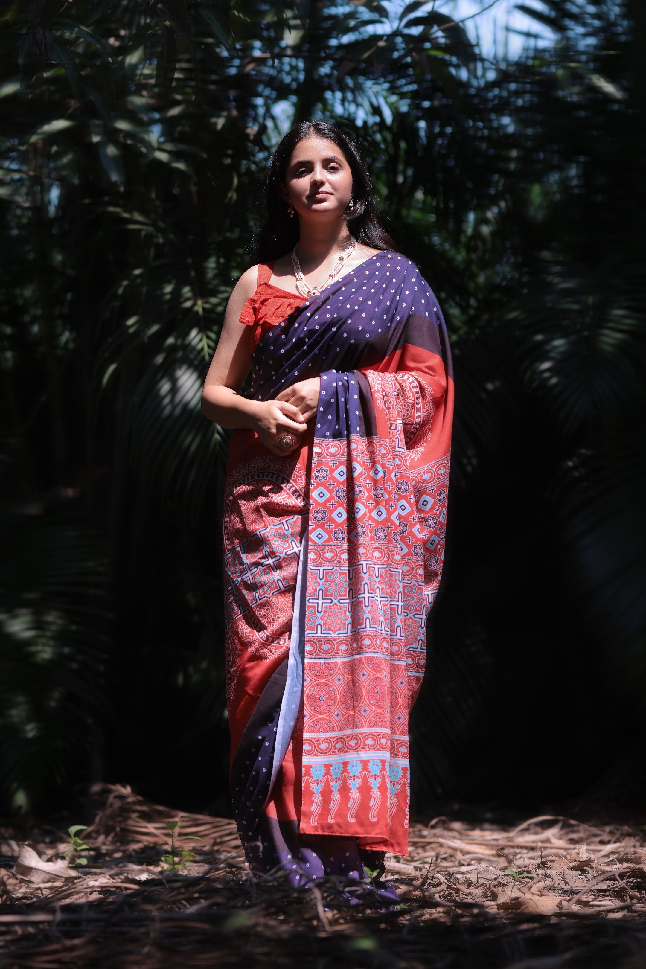 Varnika — Red Blue Ajrakh Print Saree