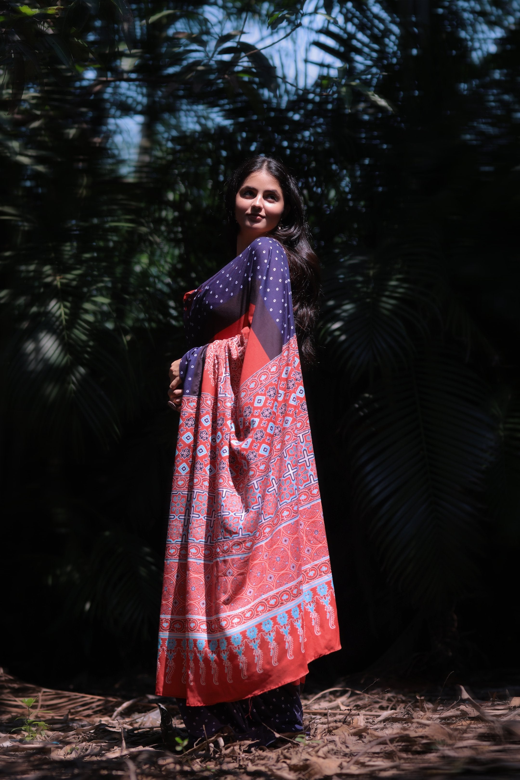 Varnika — Red Blue Ajrakh Print Saree