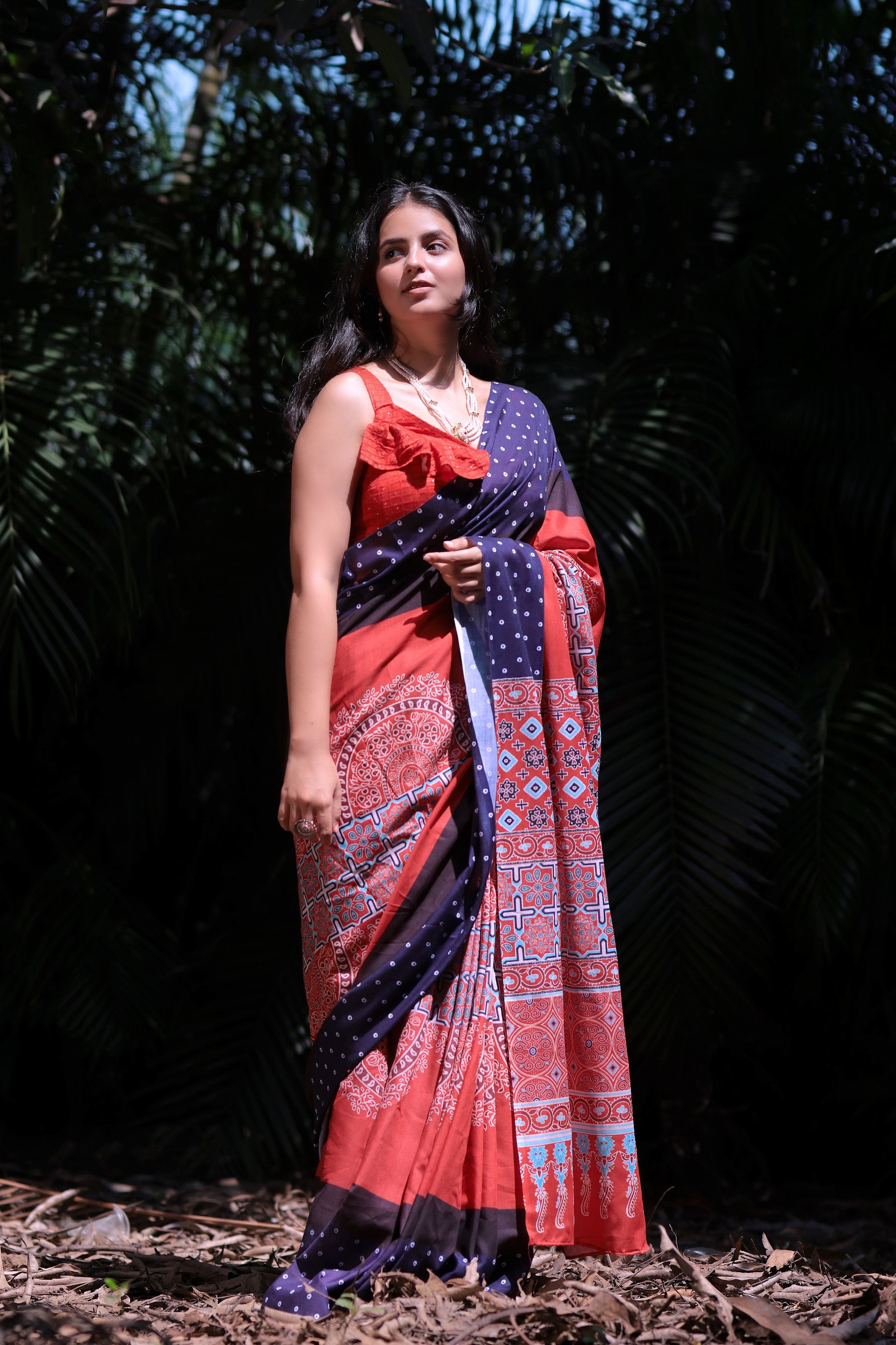 Varnika — Red Blue Ajrakh Print Saree