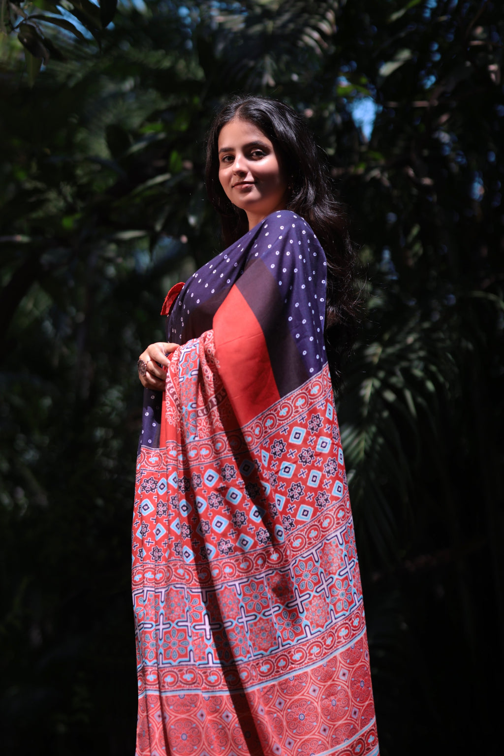 Varnika — Red Blue Ajrakh Print Saree