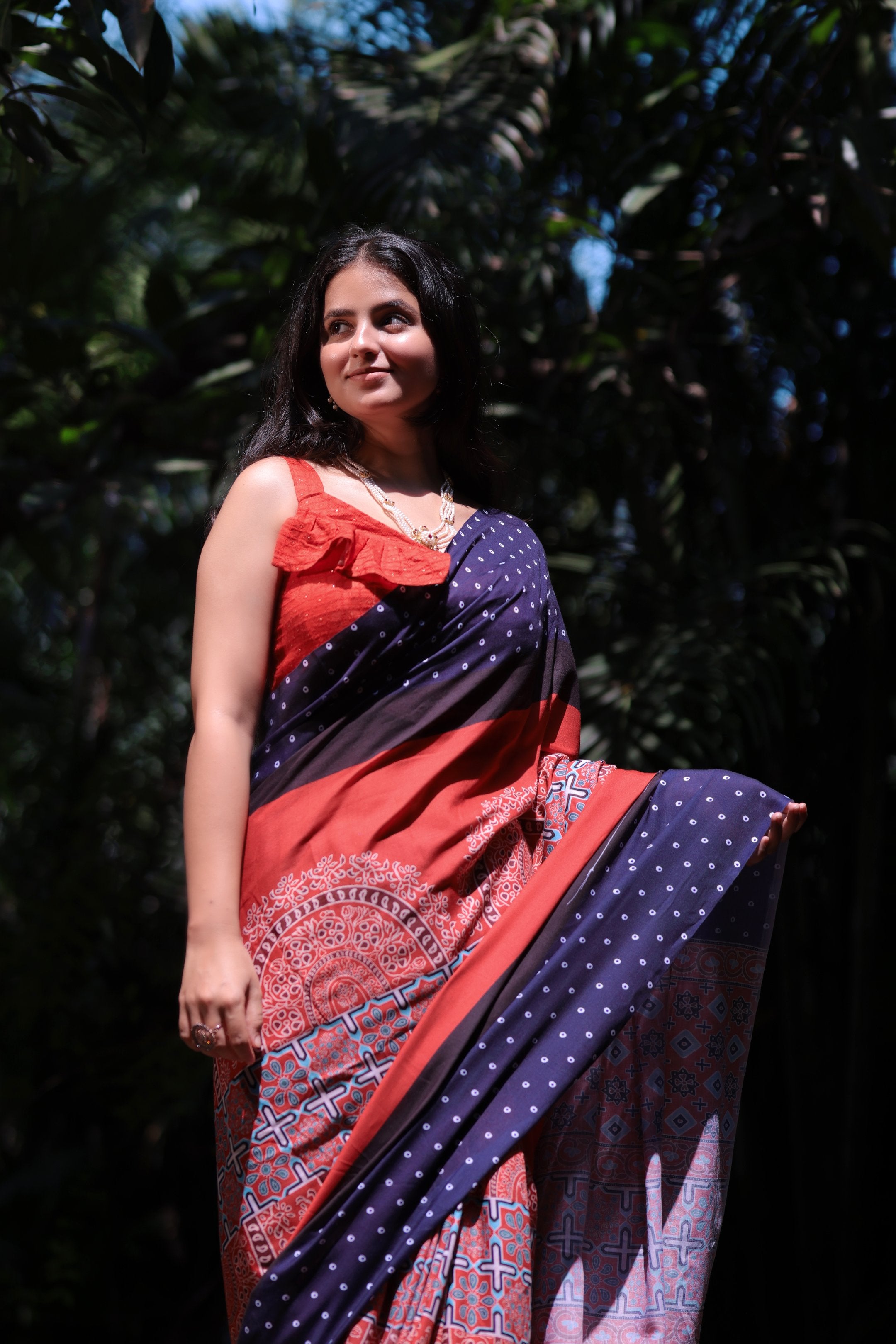 Varnika — Red Blue Ajrakh Print Saree