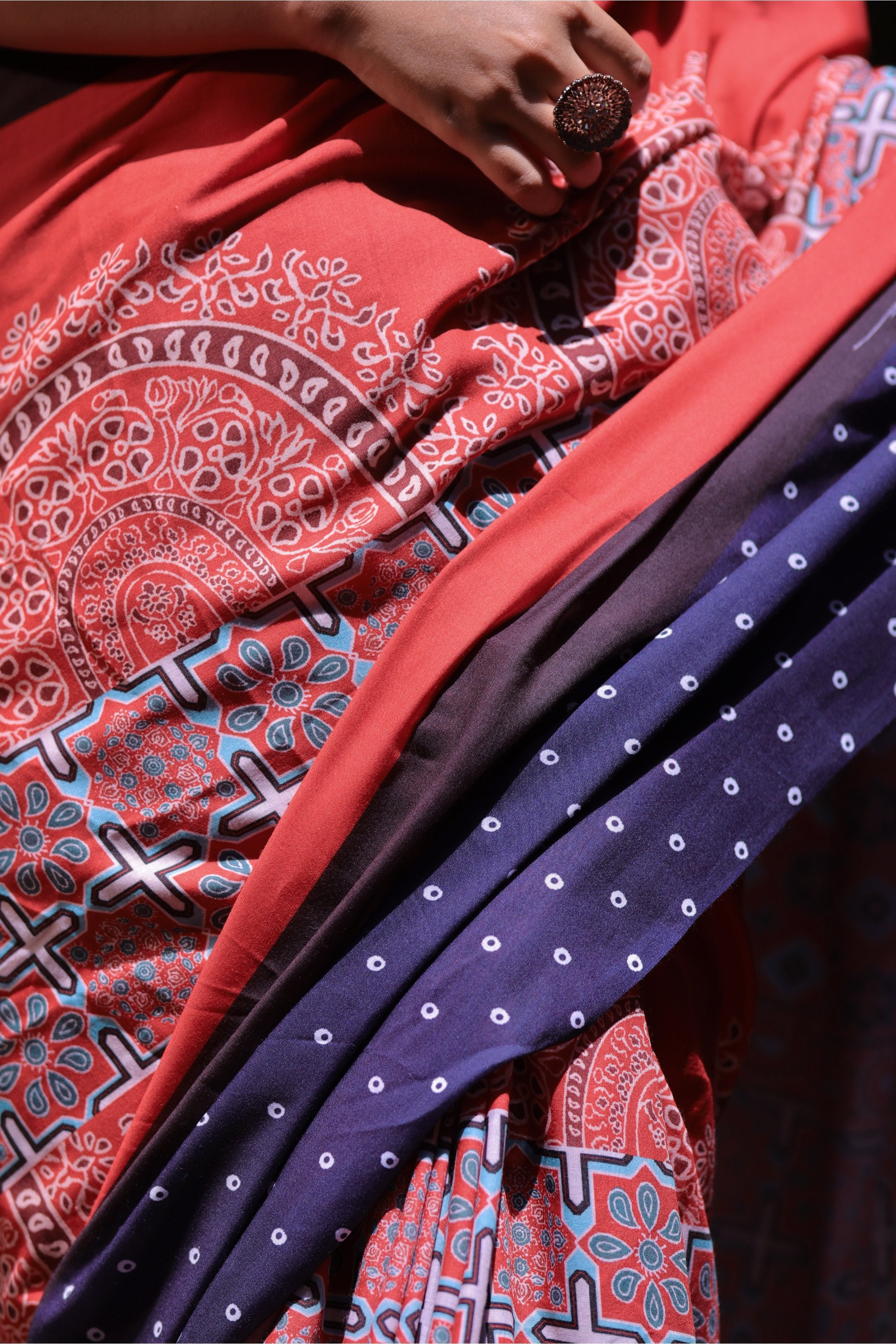 Varnika — Red Blue Ajrakh Print Saree