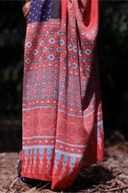 Varnika — Red Blue Ajrakh Print Saree