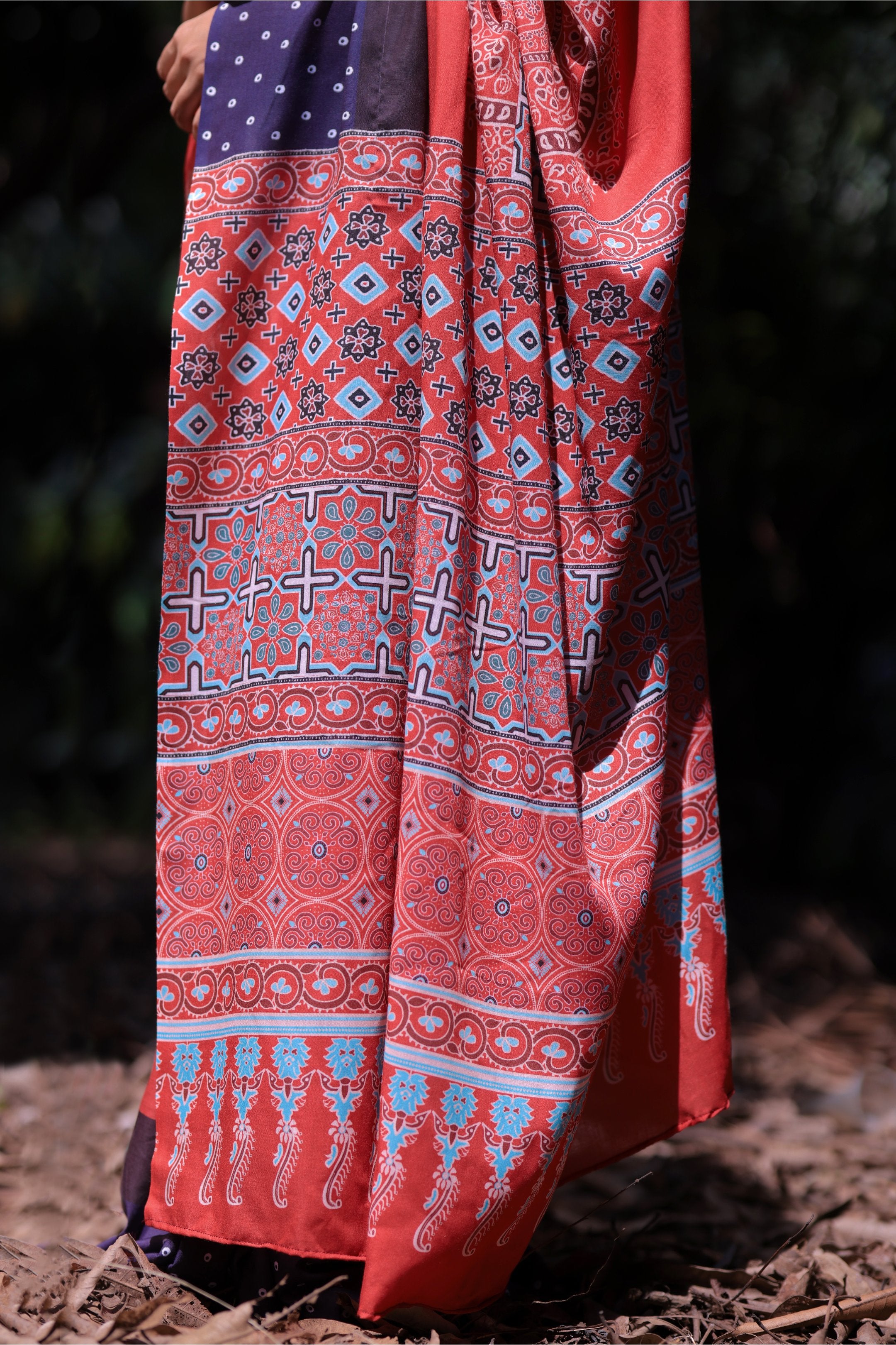 Varnika — Red Blue Ajrakh Print Saree