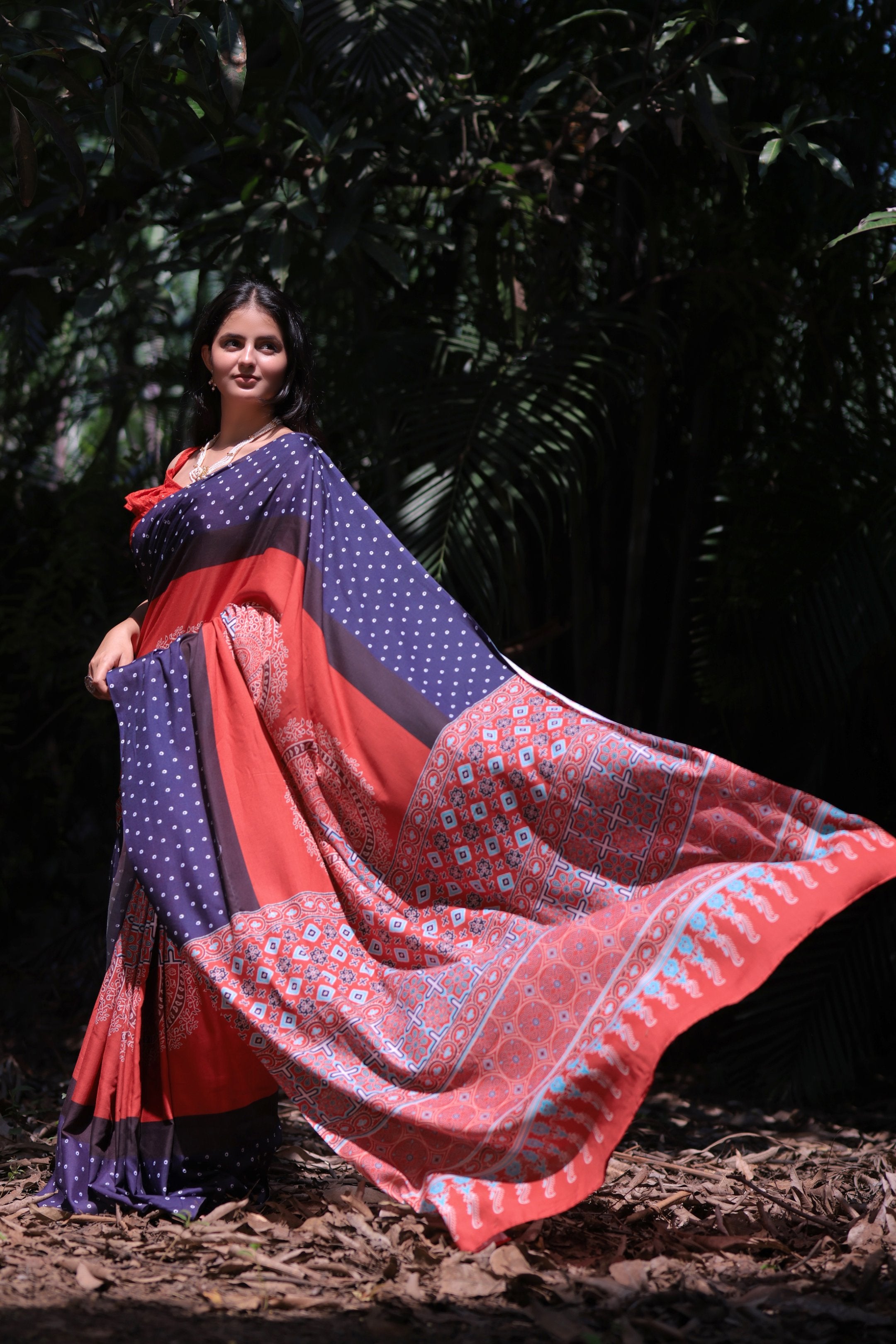 Varnika — Red Blue Ajrakh Print Saree