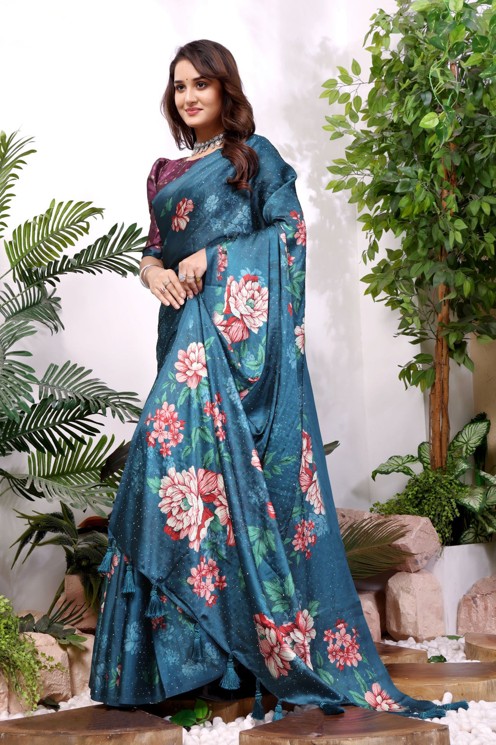Rohini — Teal Satin Silk Floral Zarkan Saree
