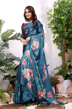 Rohini — Teal Satin Silk Floral Zarkan Saree