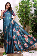 Rohini — Teal Satin Silk Floral Zarkan Saree