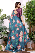 Rohini — Teal Satin Silk Floral Zarkan Saree