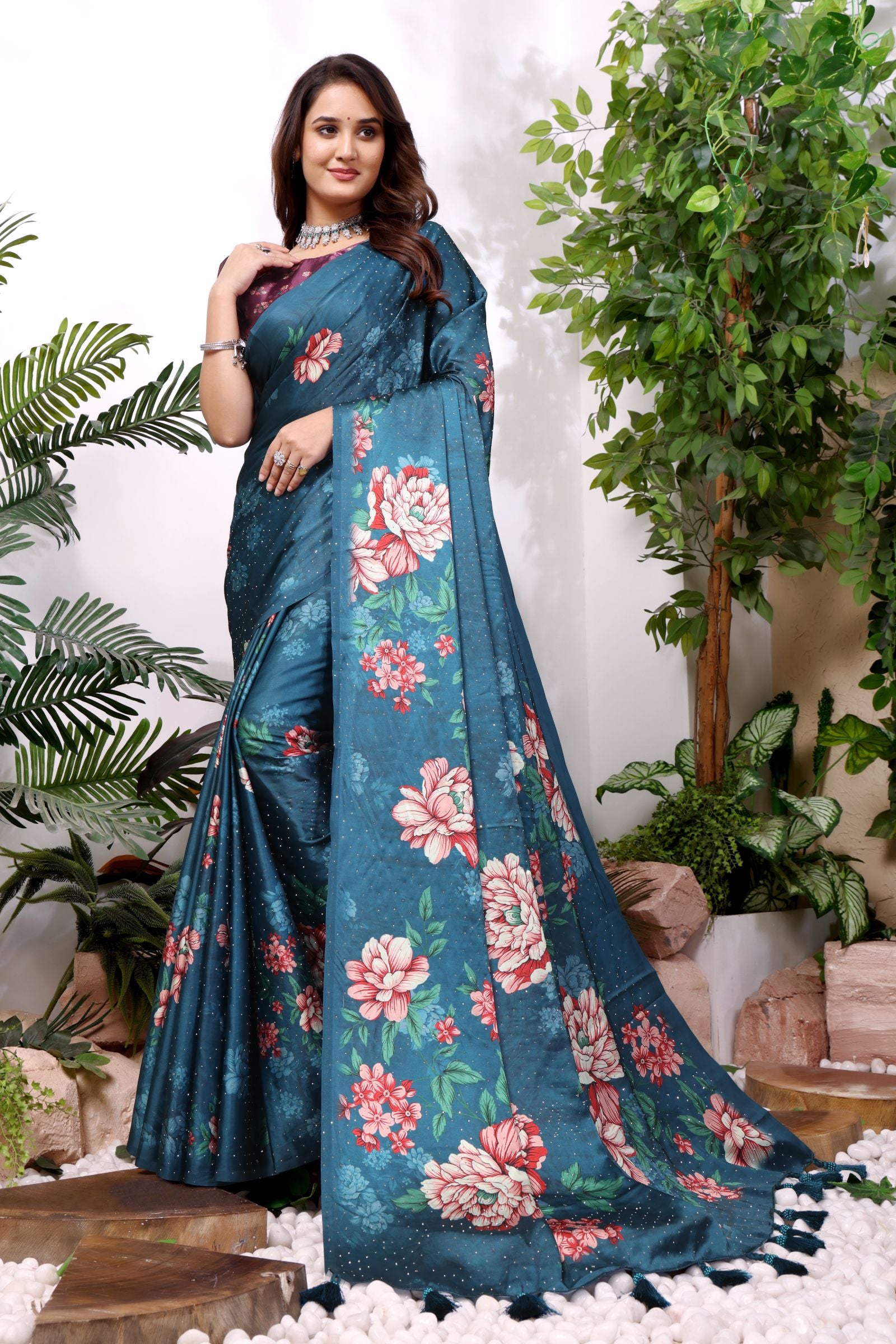 Rohini — Teal Gaji Silk Floral Zarkan Saree