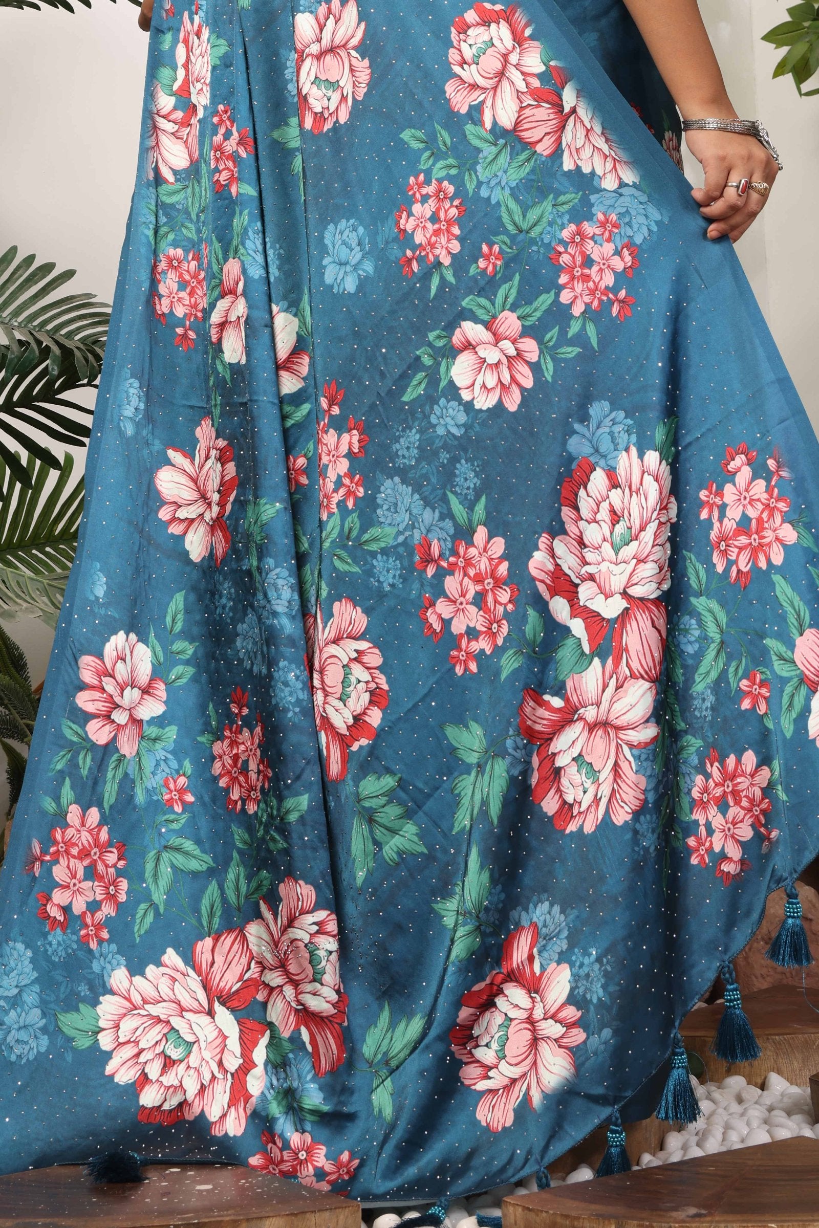 Rohini — Teal Satin Silk Floral Zarkan Saree