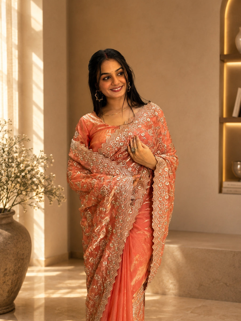 Ruchira — Coral Frendy Satin Embroidered Saree