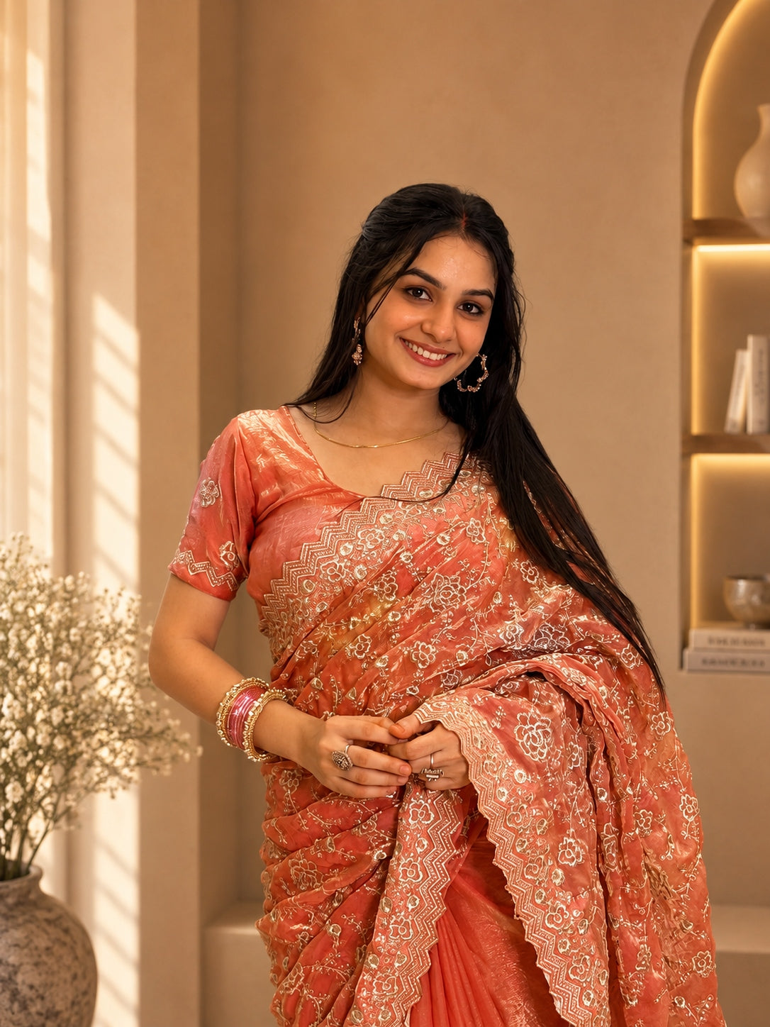 Ruchira — Coral Frendy Satin Embroidered Saree
