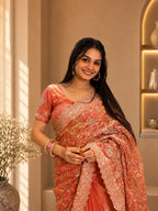 Ruchira — Coral Frendy Satin Embroidered Saree