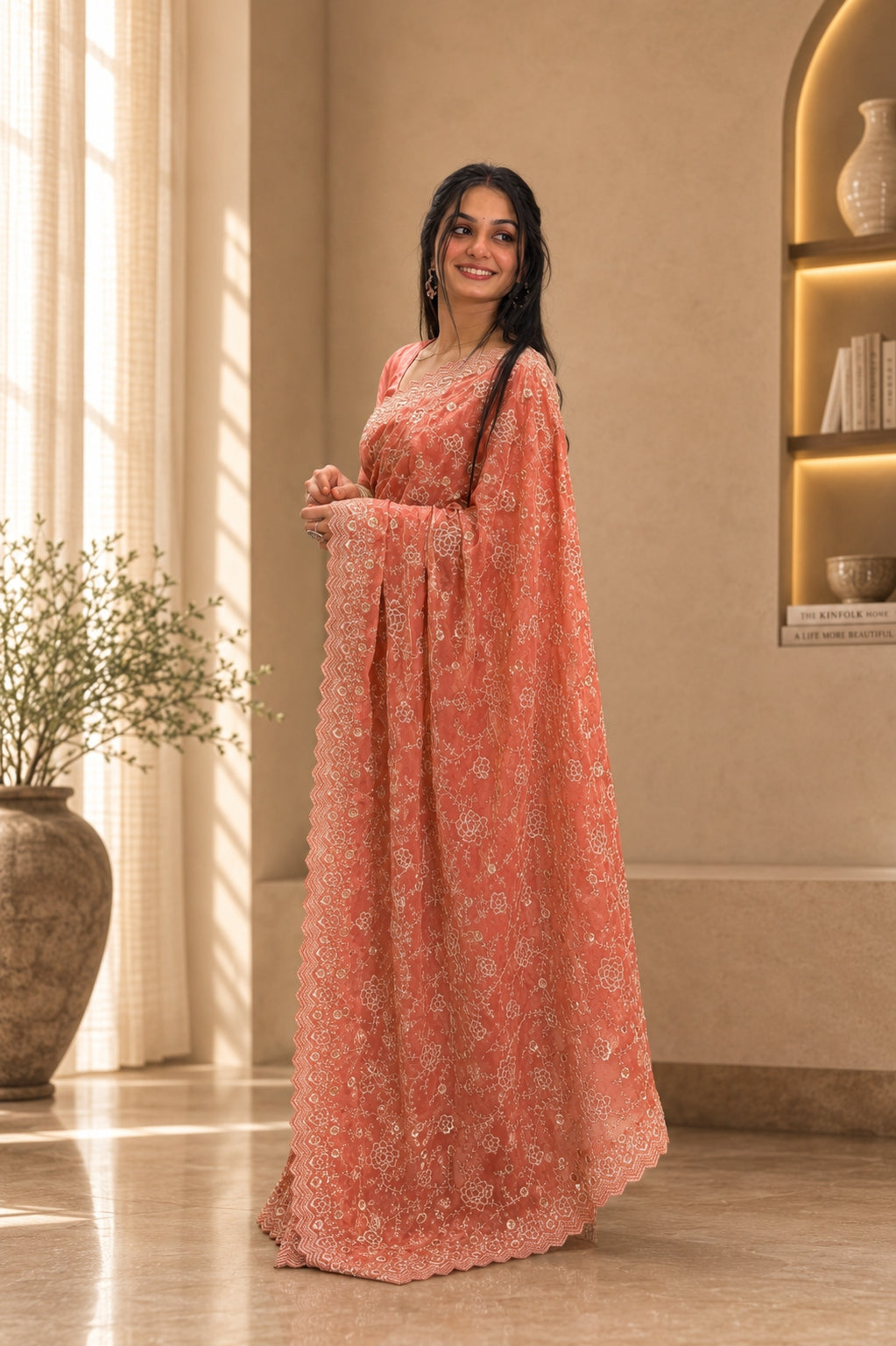 Ruchira — Coral Frendy Satin Embroidered Saree