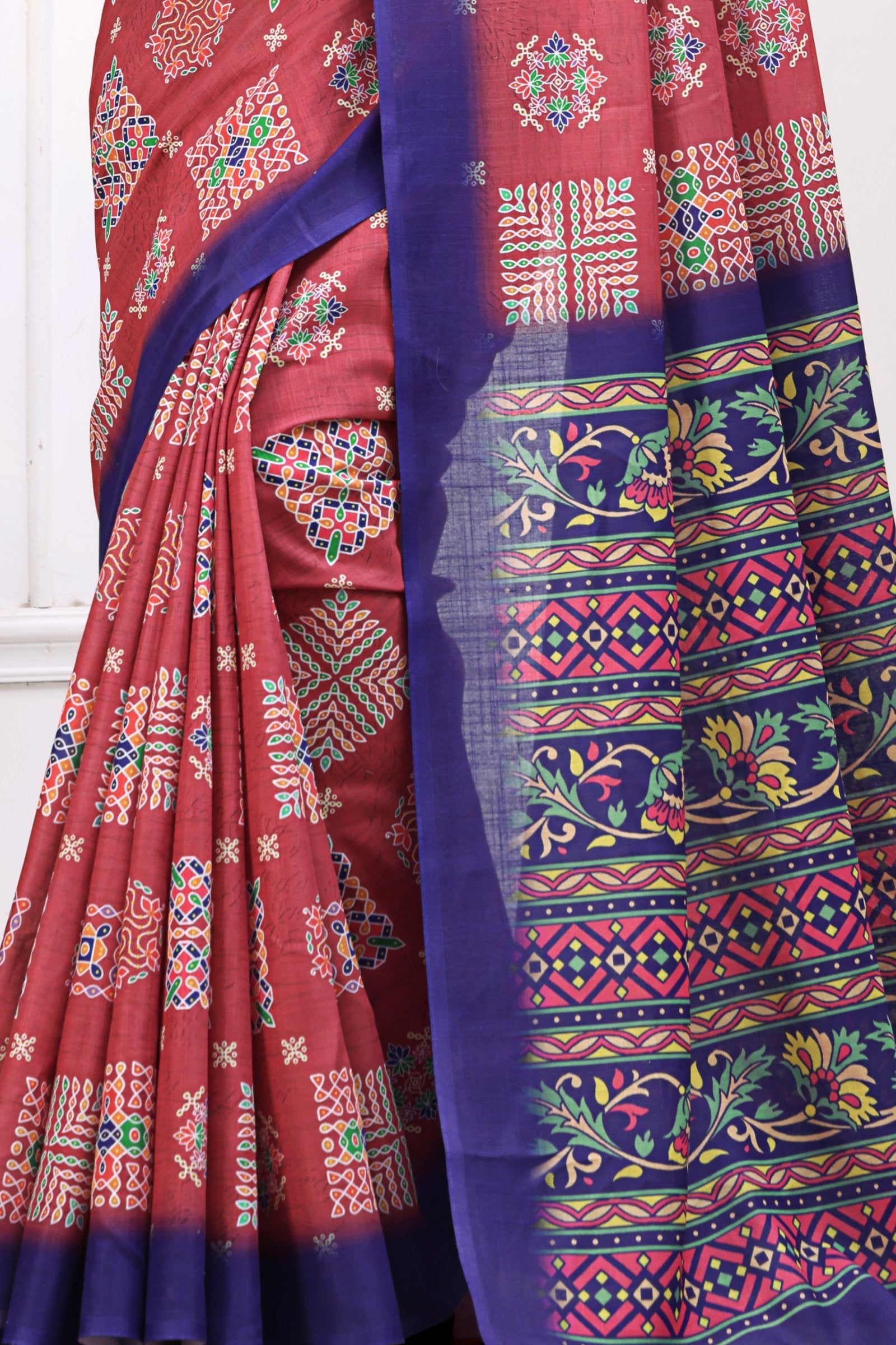 Sampada — Rose and Blue Patola Print Cotton Linen Saree