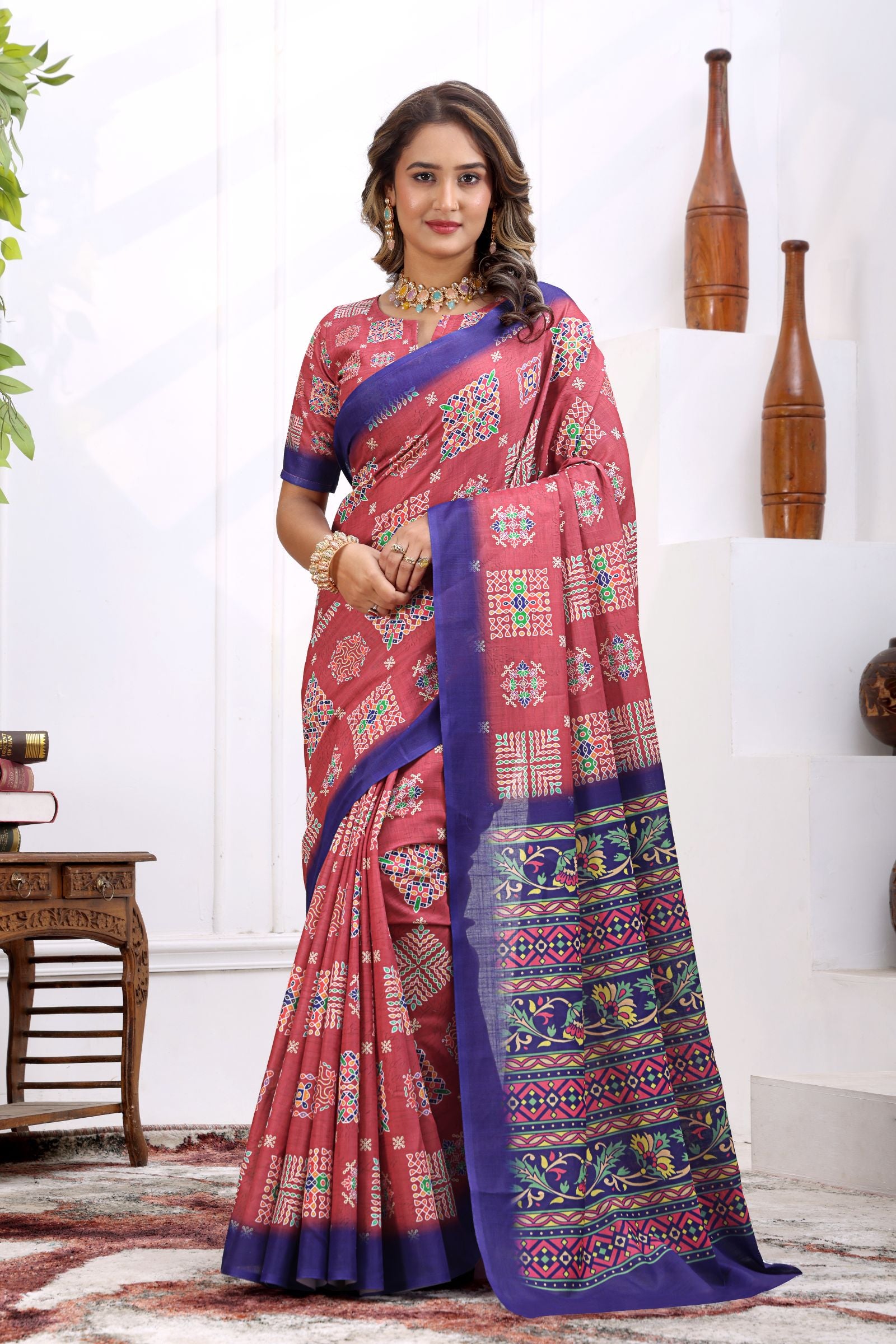 Sampada — Rose and Blue Patola Print Cotton Linen Saree