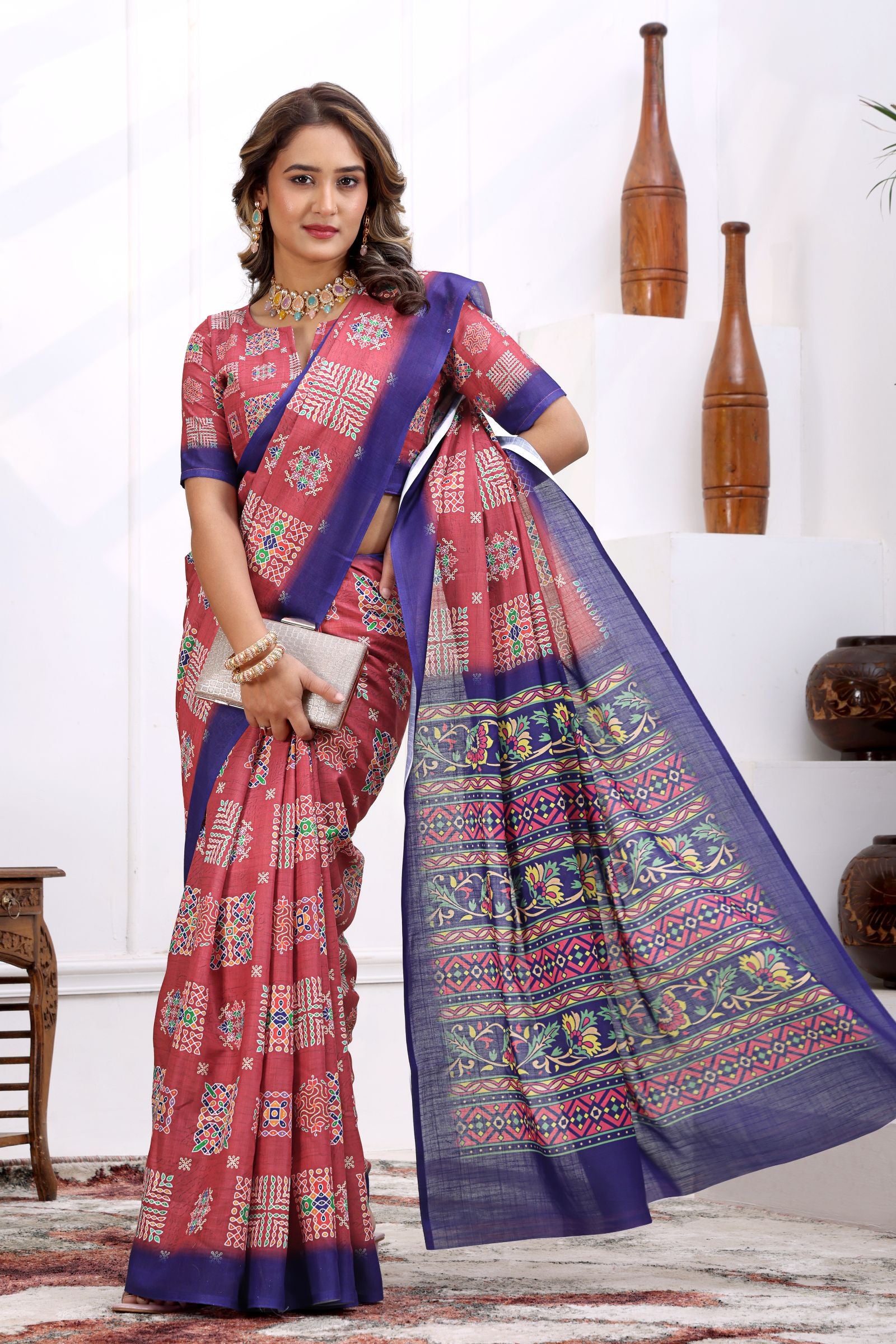 Sampada — Rose and Blue Patola Print Cotton Linen Saree