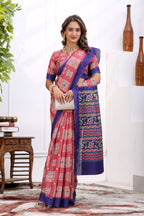 Sampada — Rose and Blue Patola Print Cotton Linen Saree
