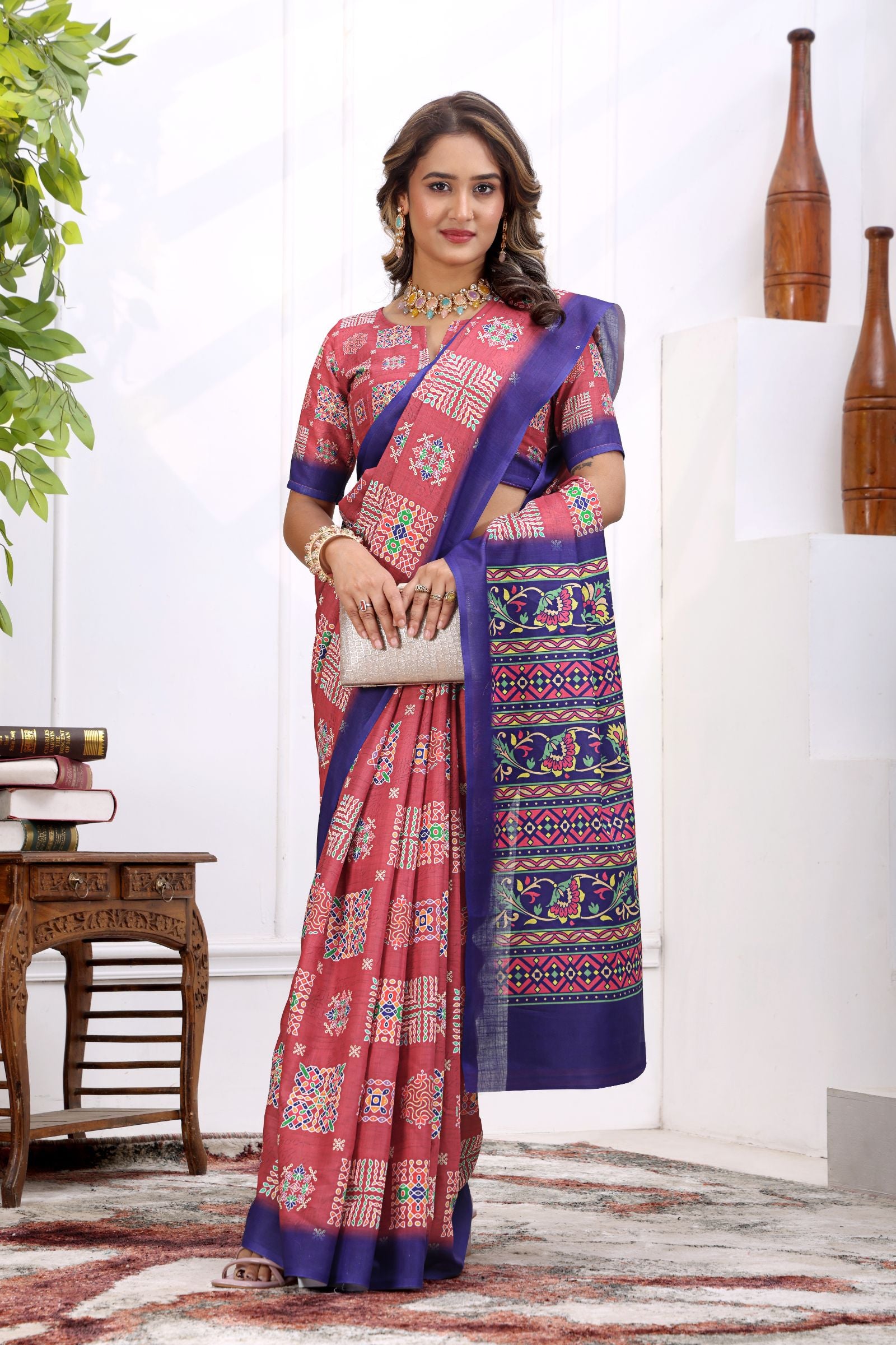 Sampada — Rose and Blue Patola Print Cotton Linen Saree