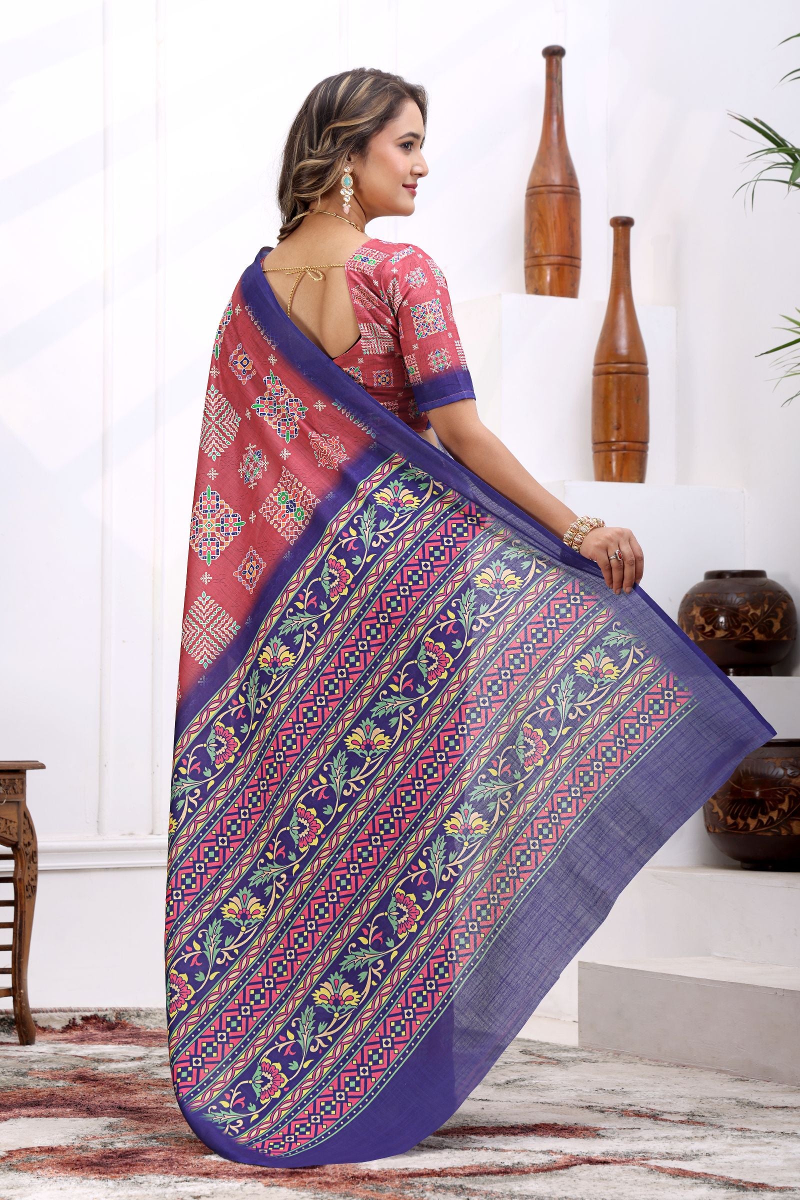 Sampada — Rose and Blue Patola Print Cotton Linen Saree